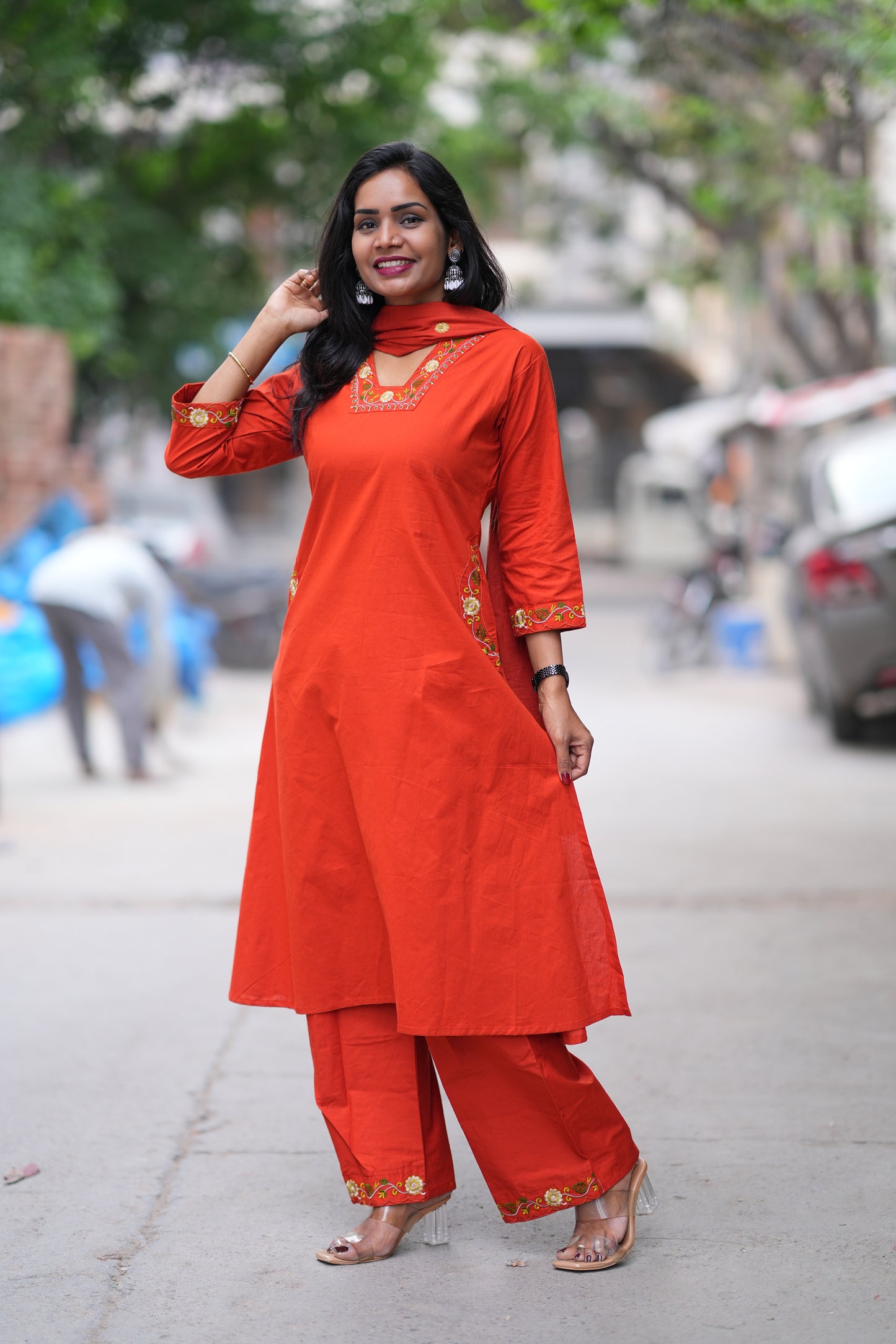 Reddish Orange Color Jaipur Cotton 3 piece Set With Embroidery Work