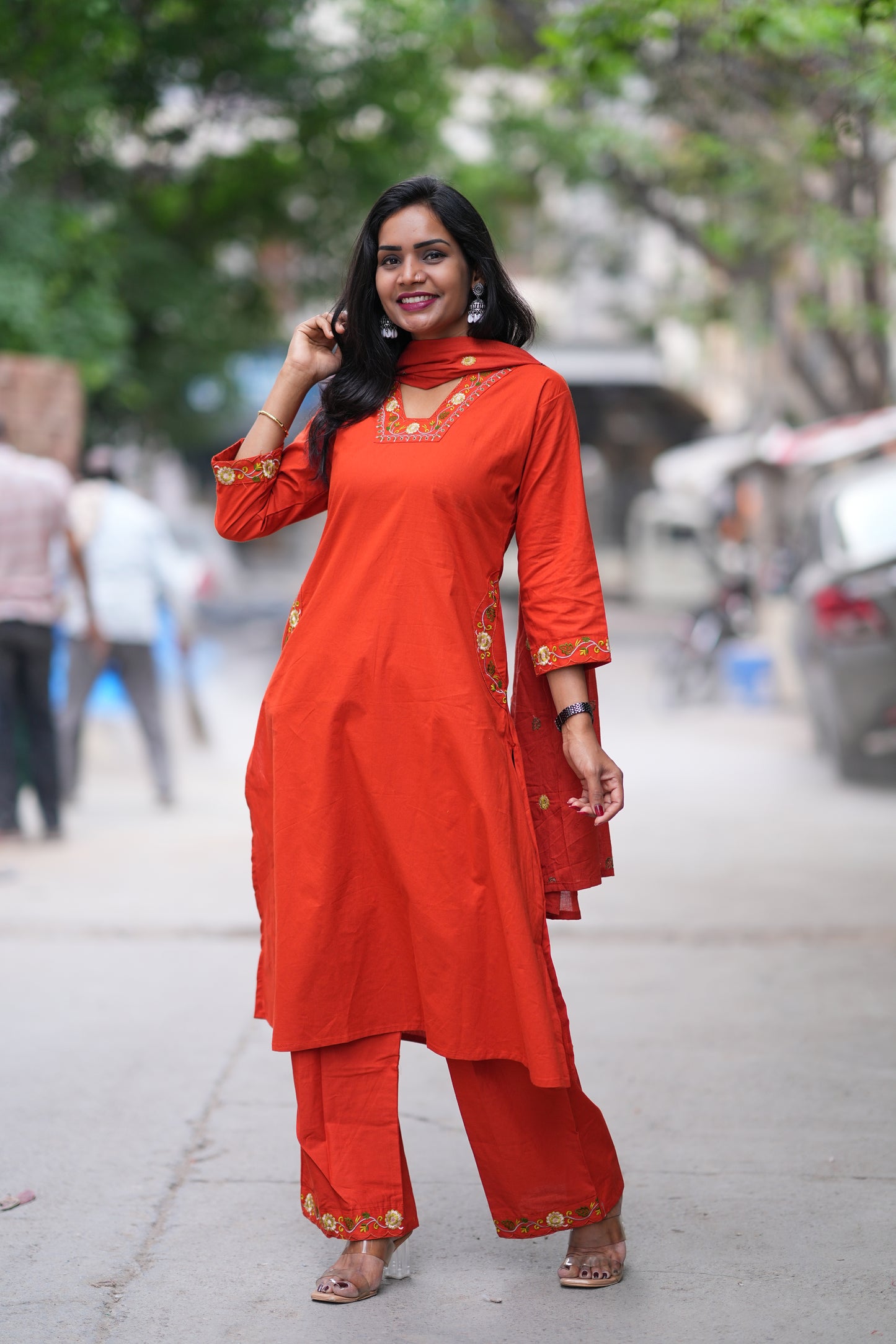 Reddish Orange Color Jaipur Cotton 3 piece Set With Embroidery Work