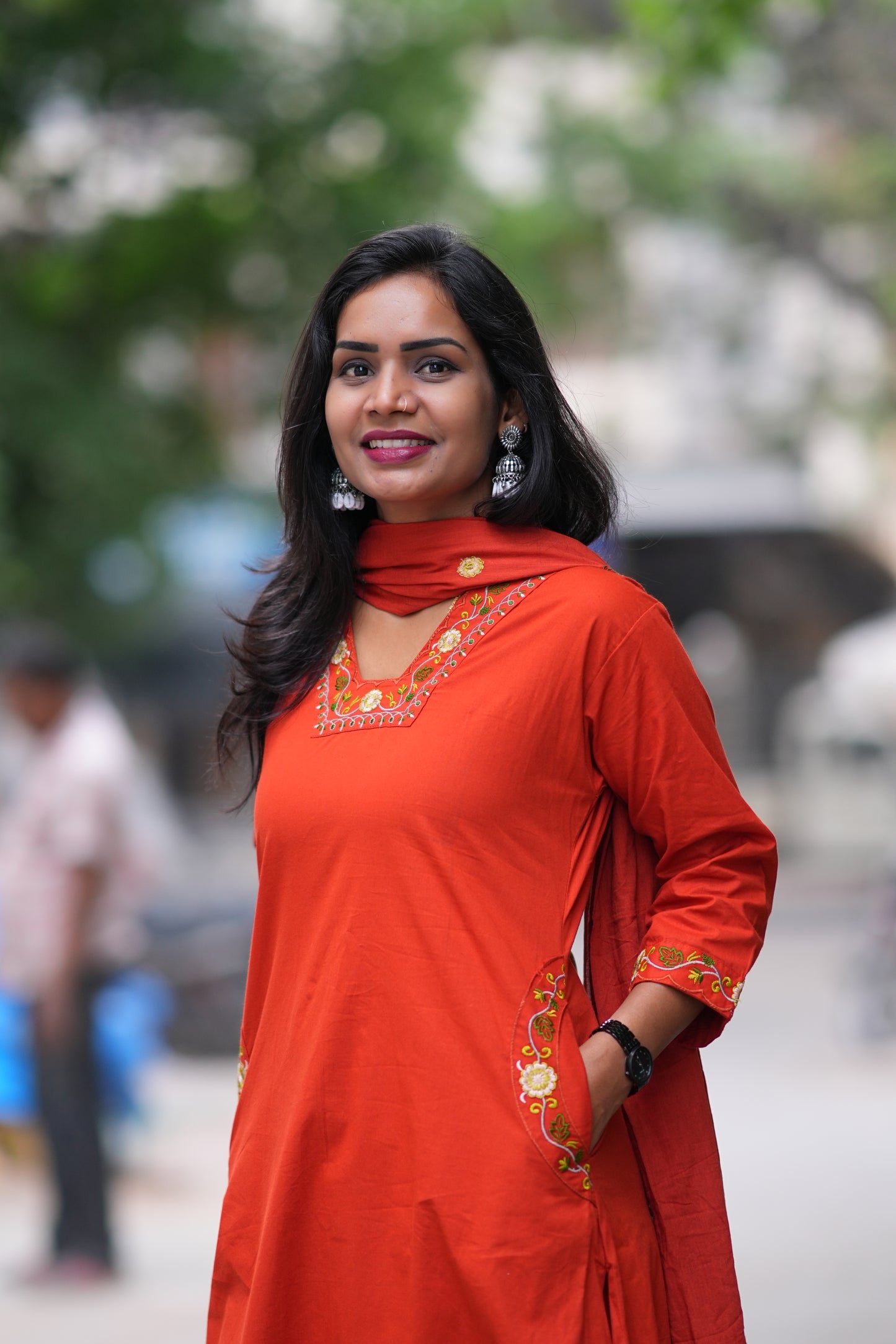 Reddish Orange Color Jaipur Cotton 3 piece Set With Embroidery Work