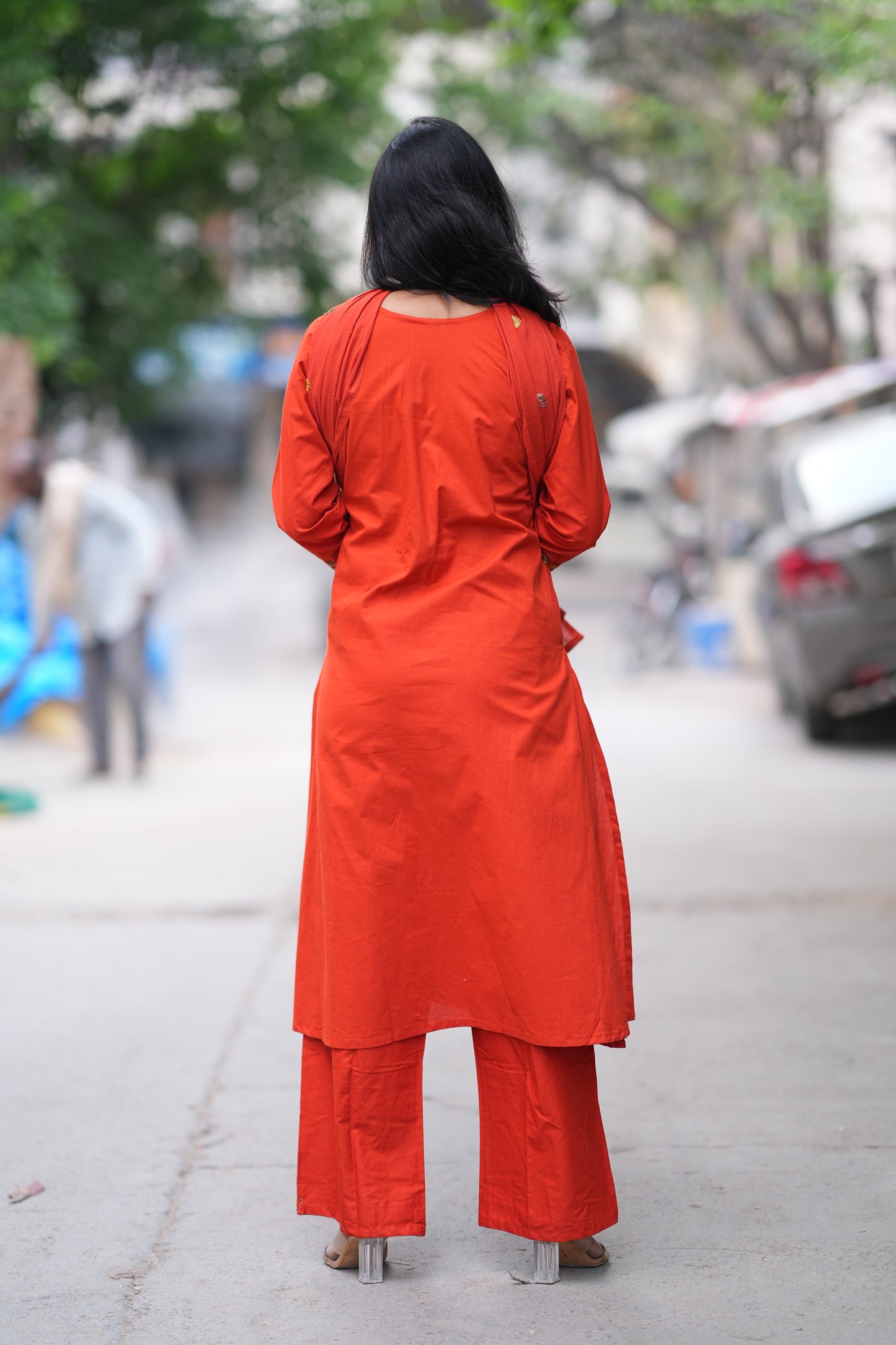 Reddish Orange Color Jaipur Cotton 3 piece Set With Embroidery Work