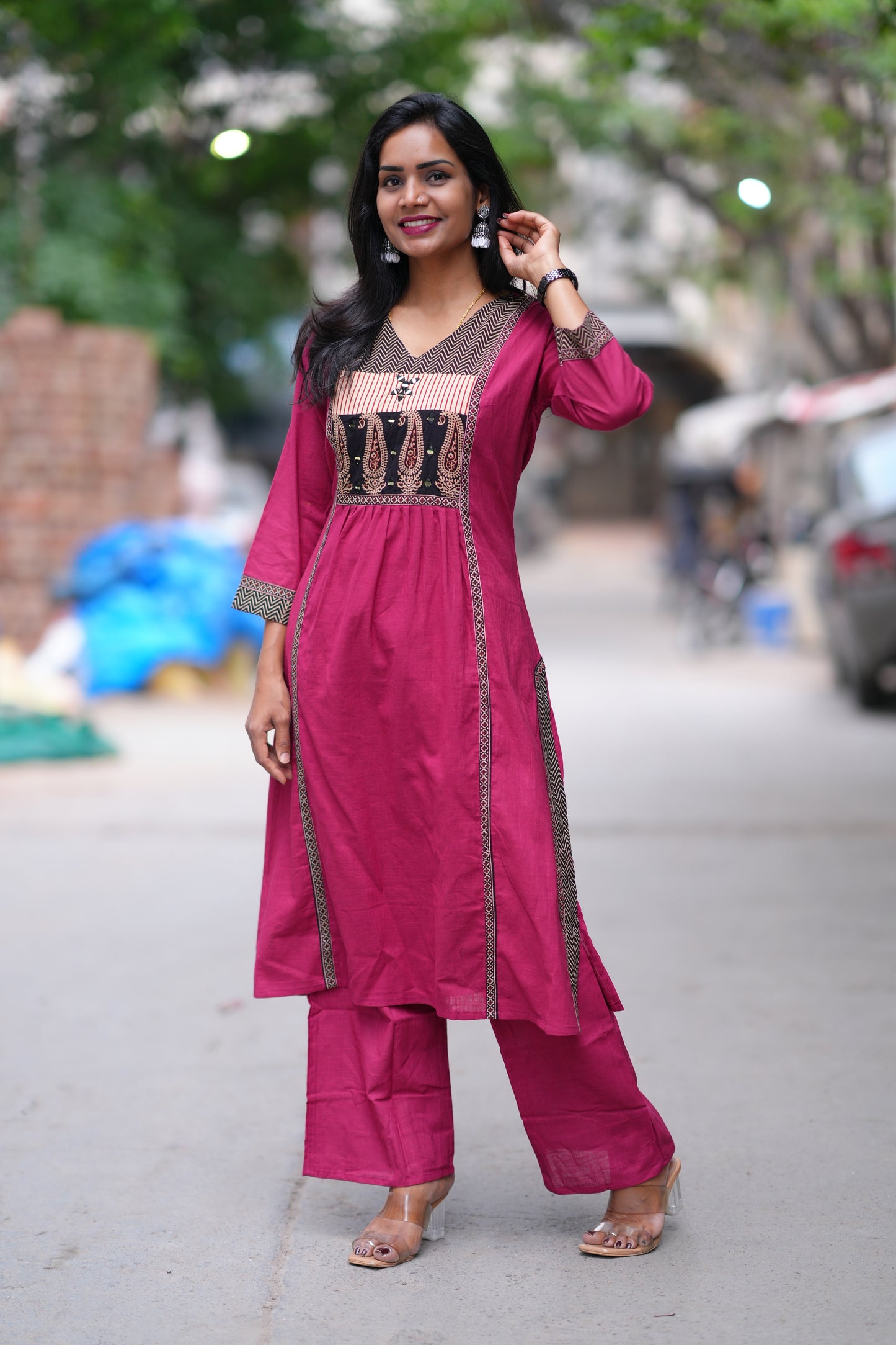 Magenta Pink Color Jaipuri Cotton Cord Set With Palazzo Pants