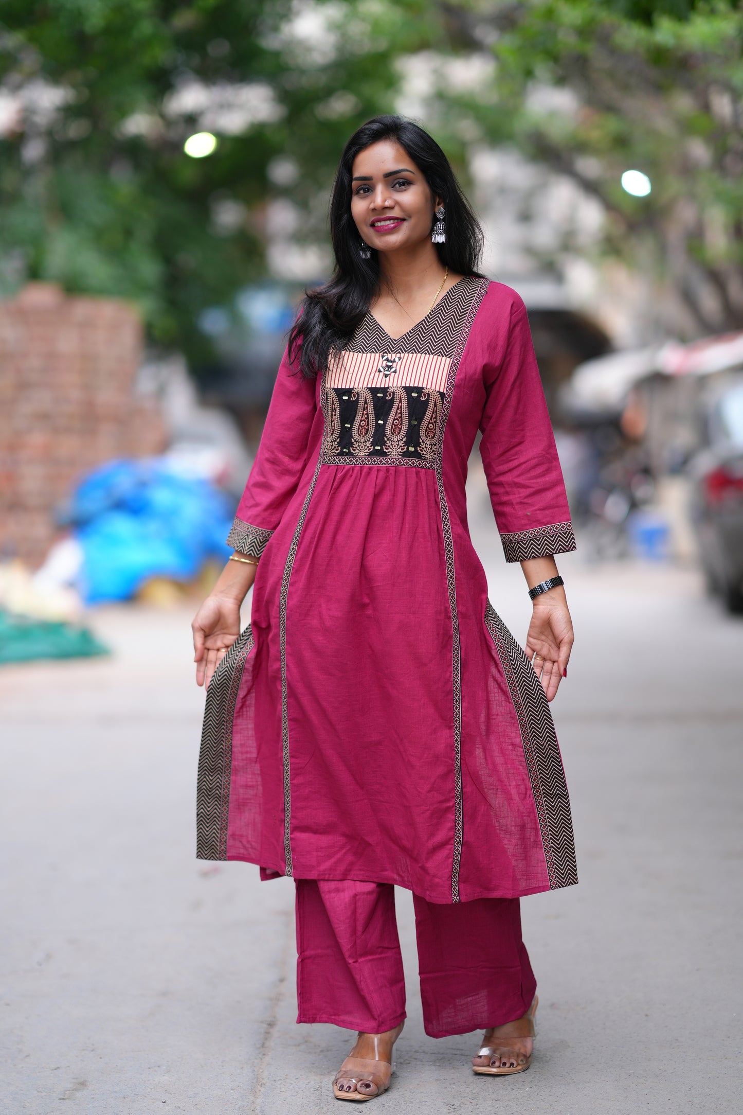 Magenta Pink Color Jaipuri Cotton Cord Set With Palazzo Pants