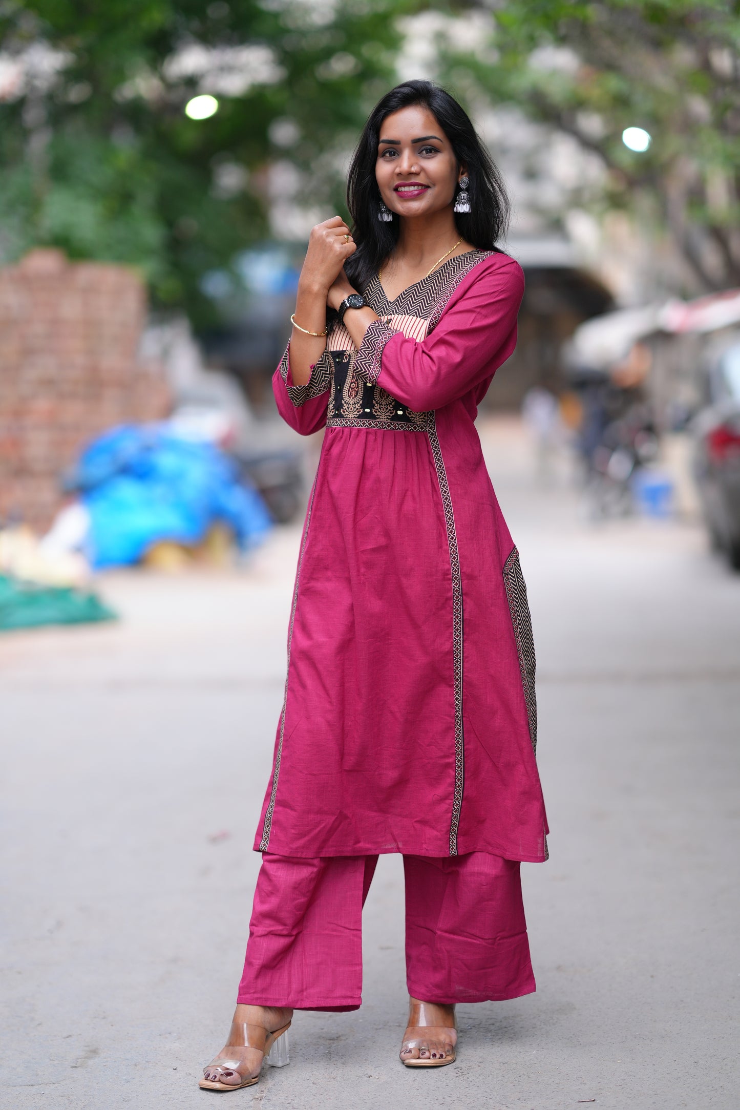 Magenta Pink Color Jaipuri Cotton Cord Set With Palazzo Pants