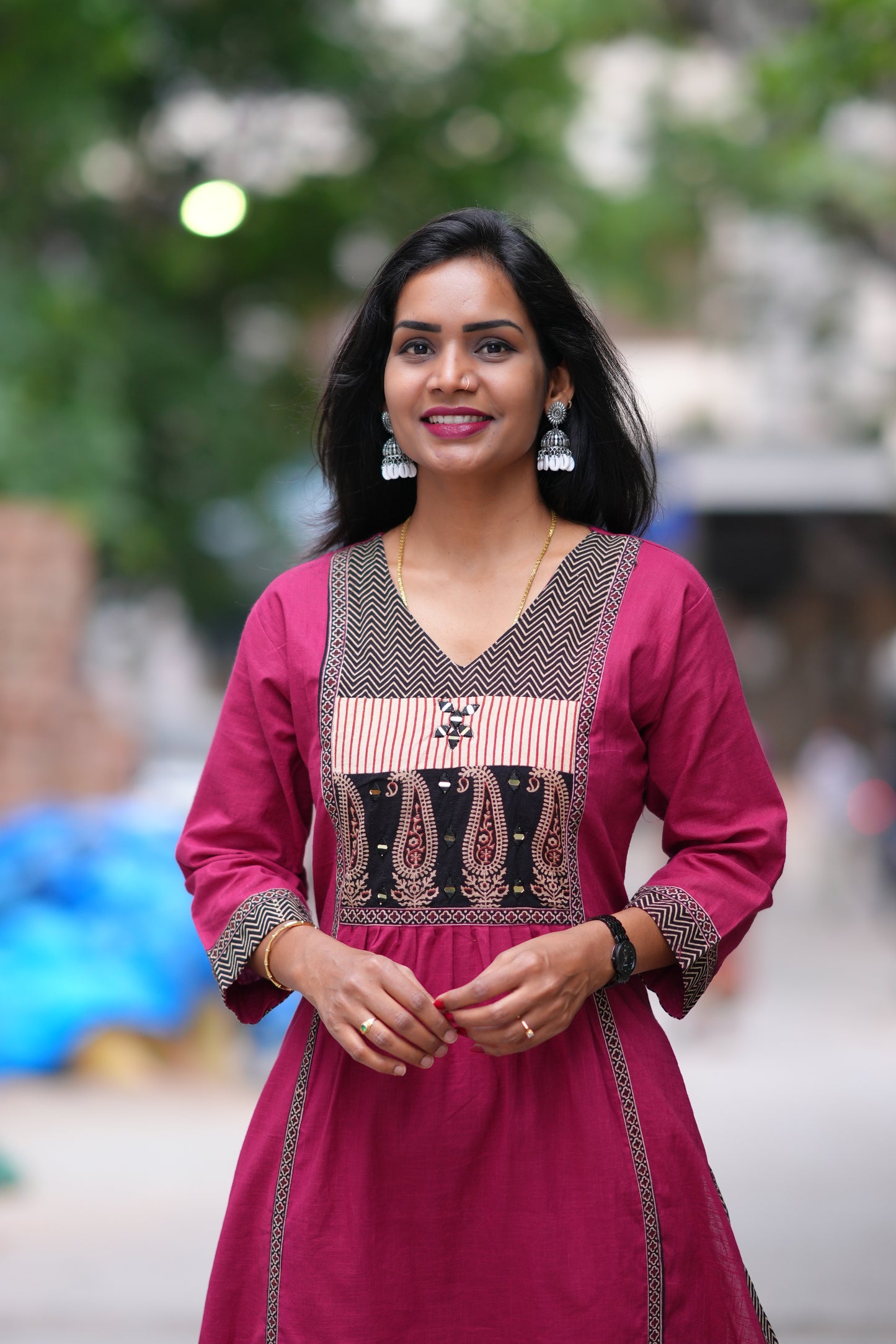 Magenta Pink Color Jaipuri Cotton Cord Set With Palazzo Pants