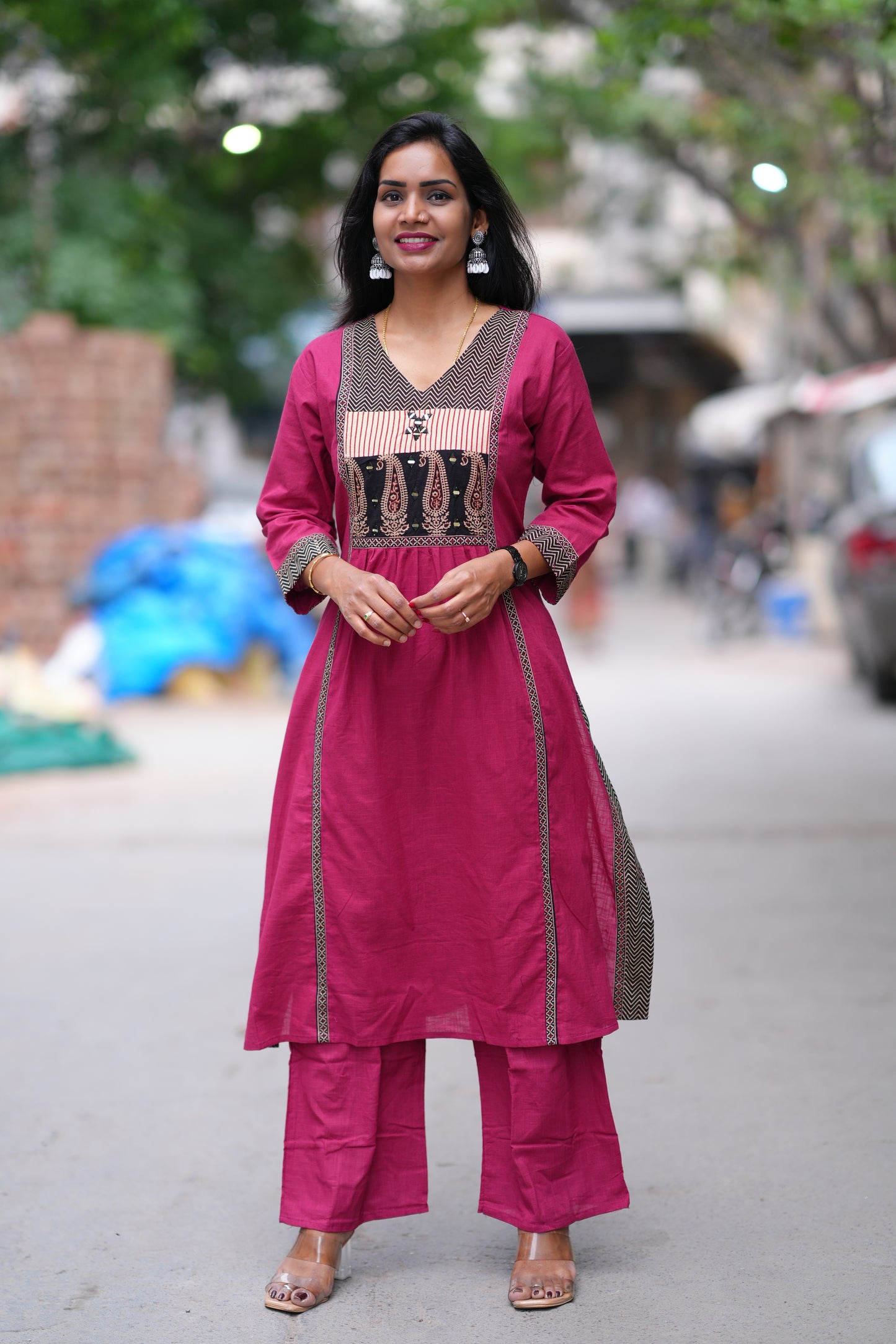Magenta Pink Color Jaipuri Cotton Cord Set With Palazzo Pants