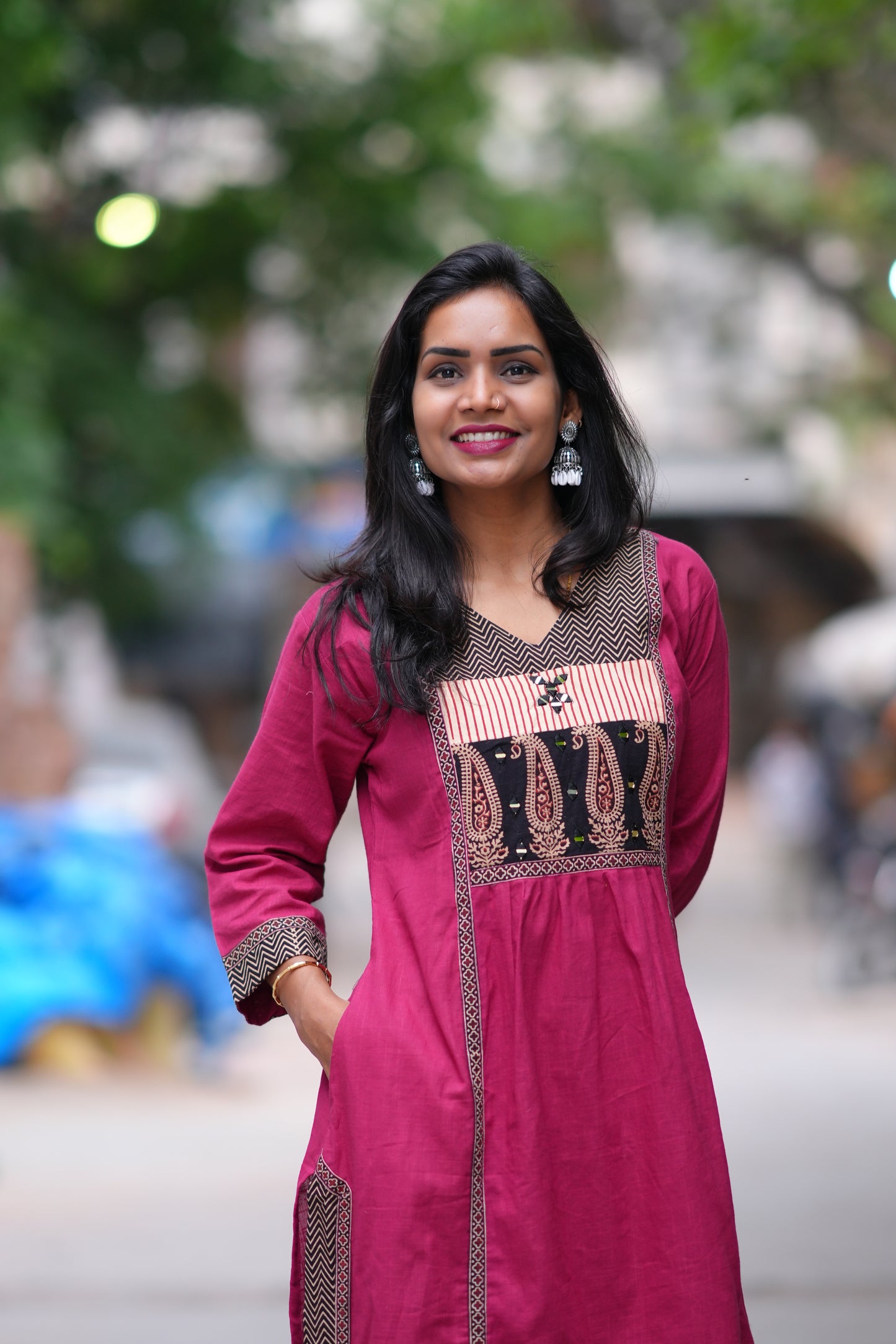 Magenta Pink Color Jaipuri Cotton Cord Set With Palazzo Pants