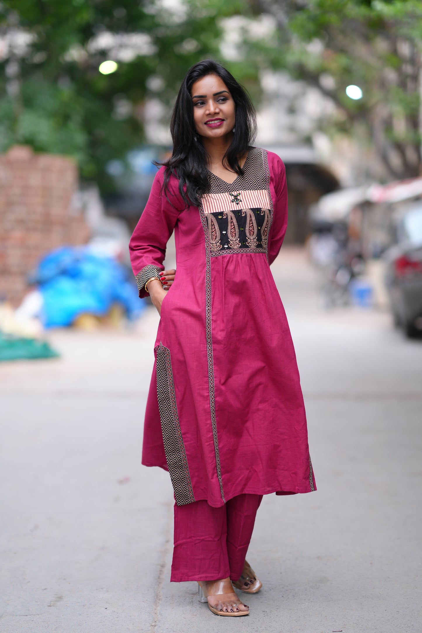 Magenta Pink Color Jaipuri Cotton Cord Set With Palazzo Pants