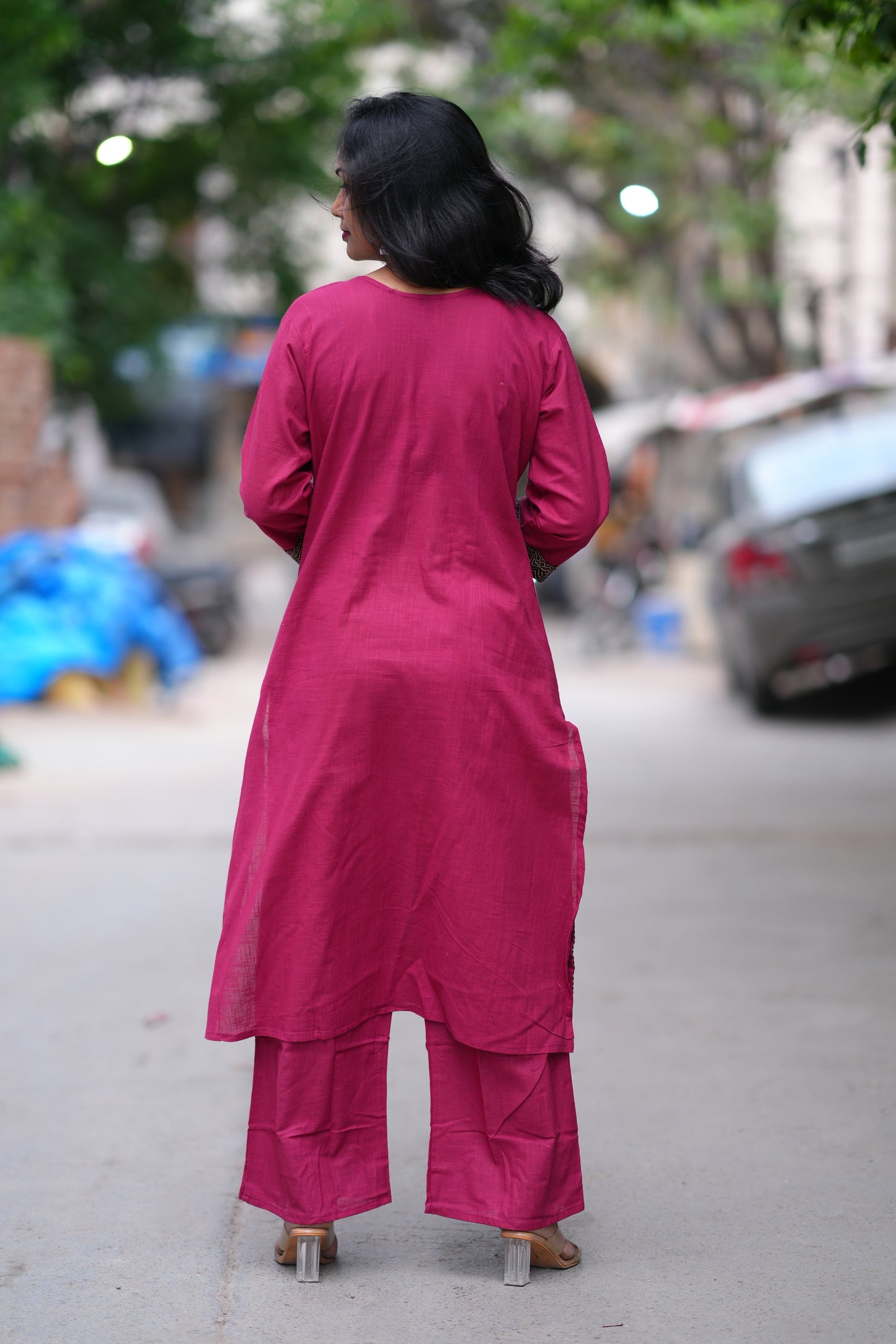 Magenta Pink Color Jaipuri Cotton Cord Set With Palazzo Pants