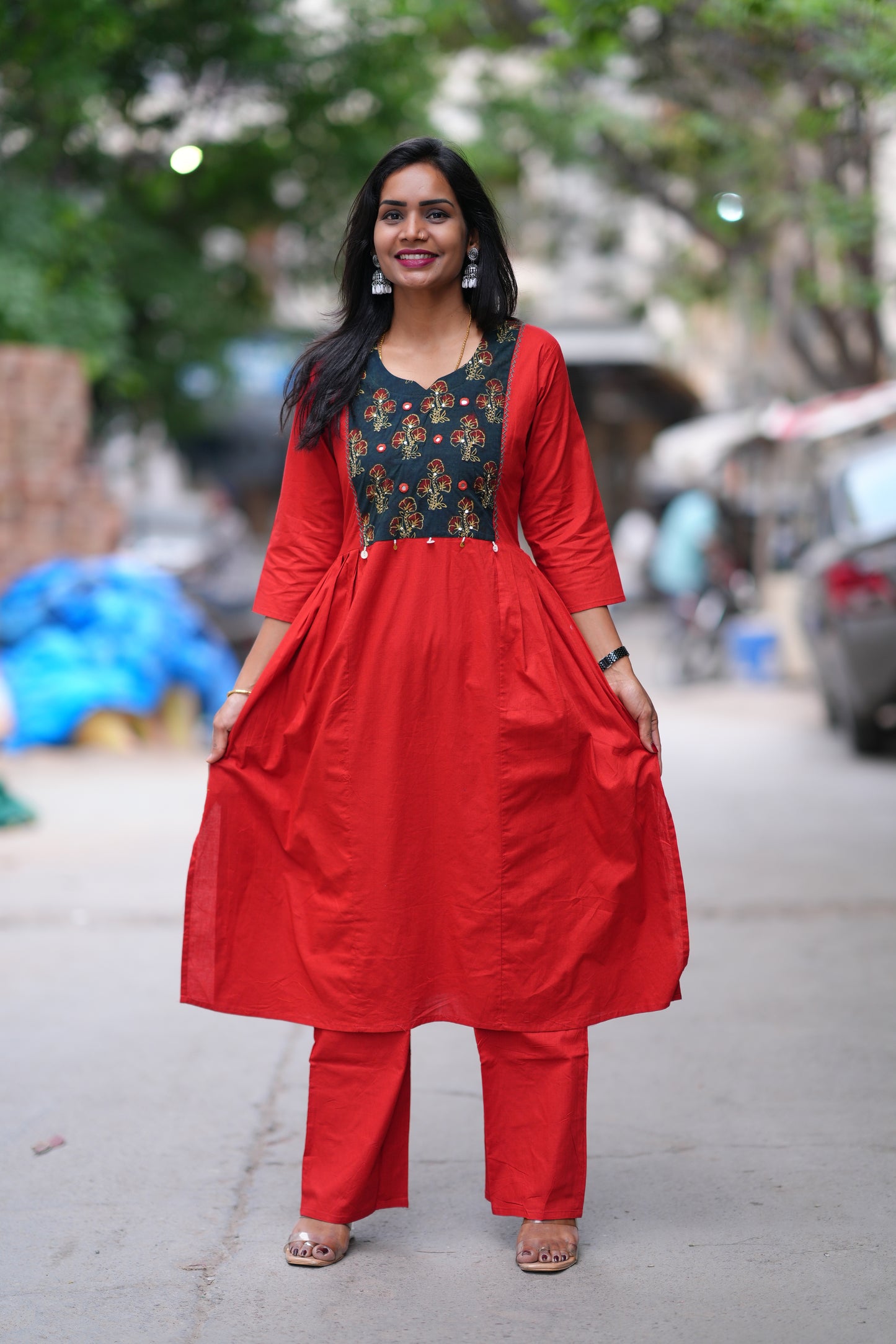 Red and Black Combo Jaipur Cotton Cordset With Plazzo Pant