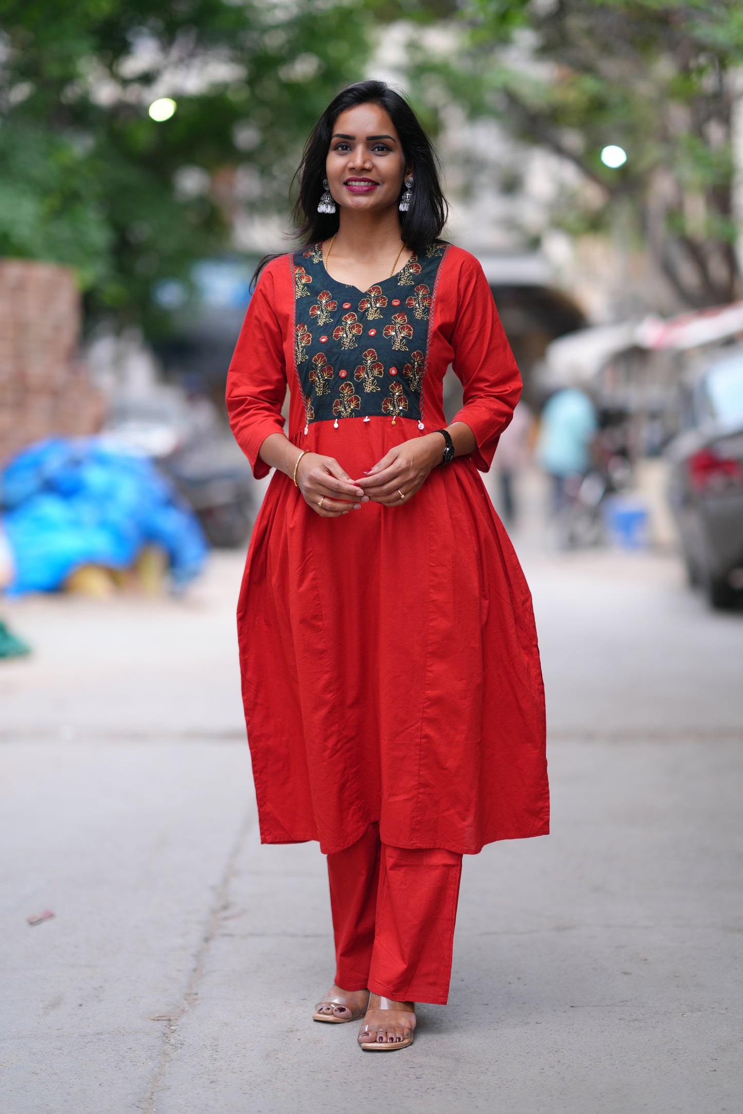 Red and Black Combo Jaipur Cotton Cordset With Plazzo Pant