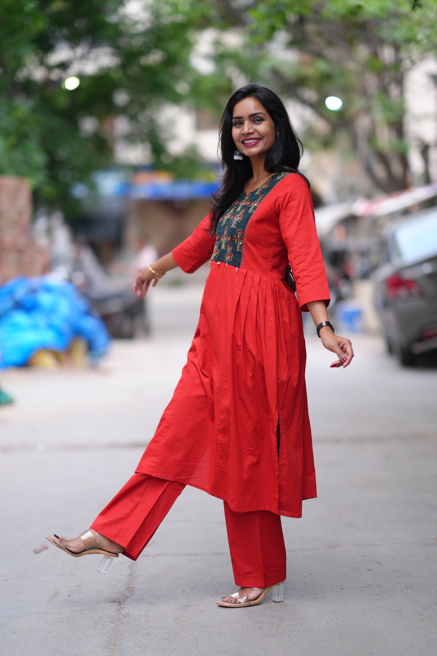 Red and Black Combo Jaipur Cotton Cordset With Plazzo Pant