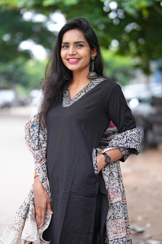 Black Color Pure Jaipur Cotton V Neck Straight Cut With Kalamkari Dupatta