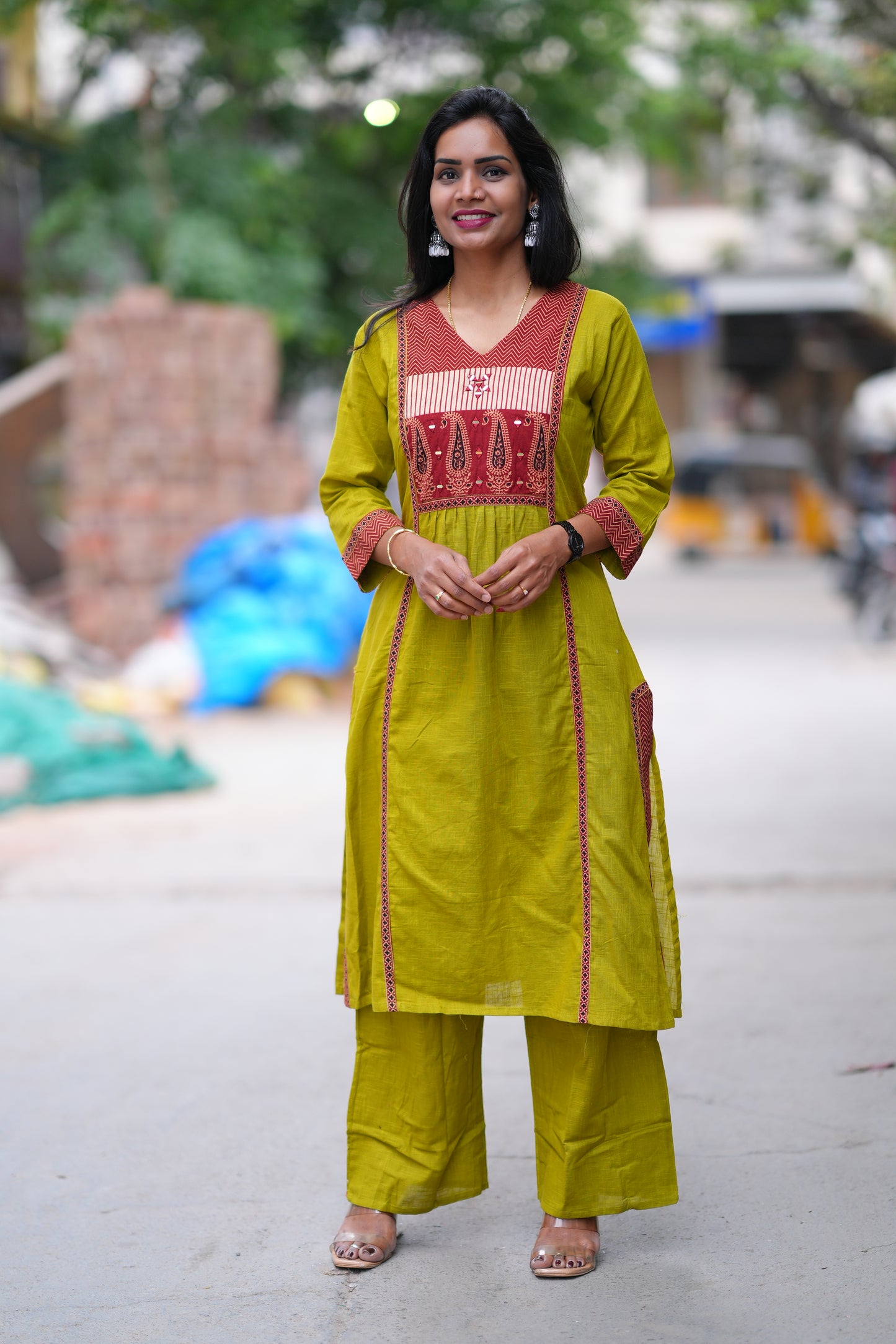 Mustard Yellow Jaipuri cotton Cord Set With Palazzo Pants