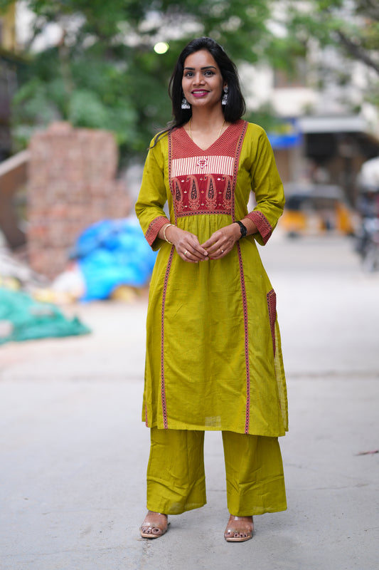 Mustard Yellow Jaipuri cotton Cord Set With Palazzo Pants