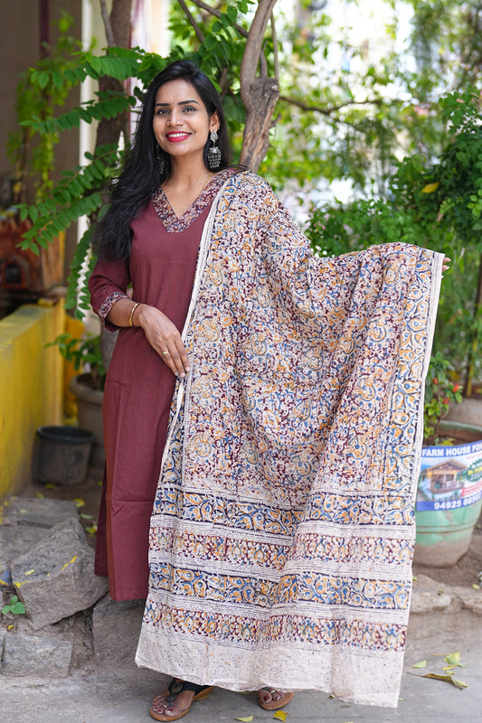 Brown Color Pure Jaipur Cotton V Neck Straight Cut With Kalamkari Dupatta