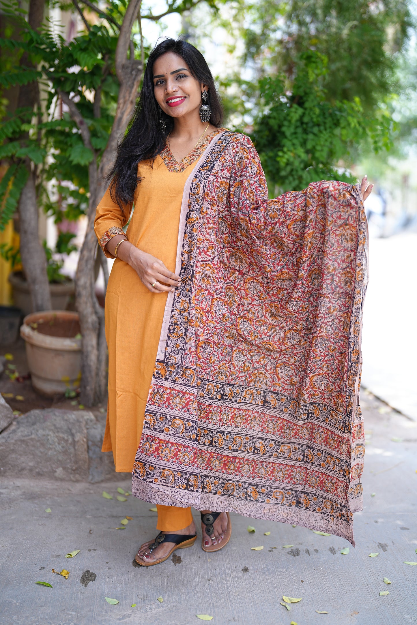 Yellow Color Pure Jaipur Cotton V Neck Straight Cut With Kalamkari Dupatta