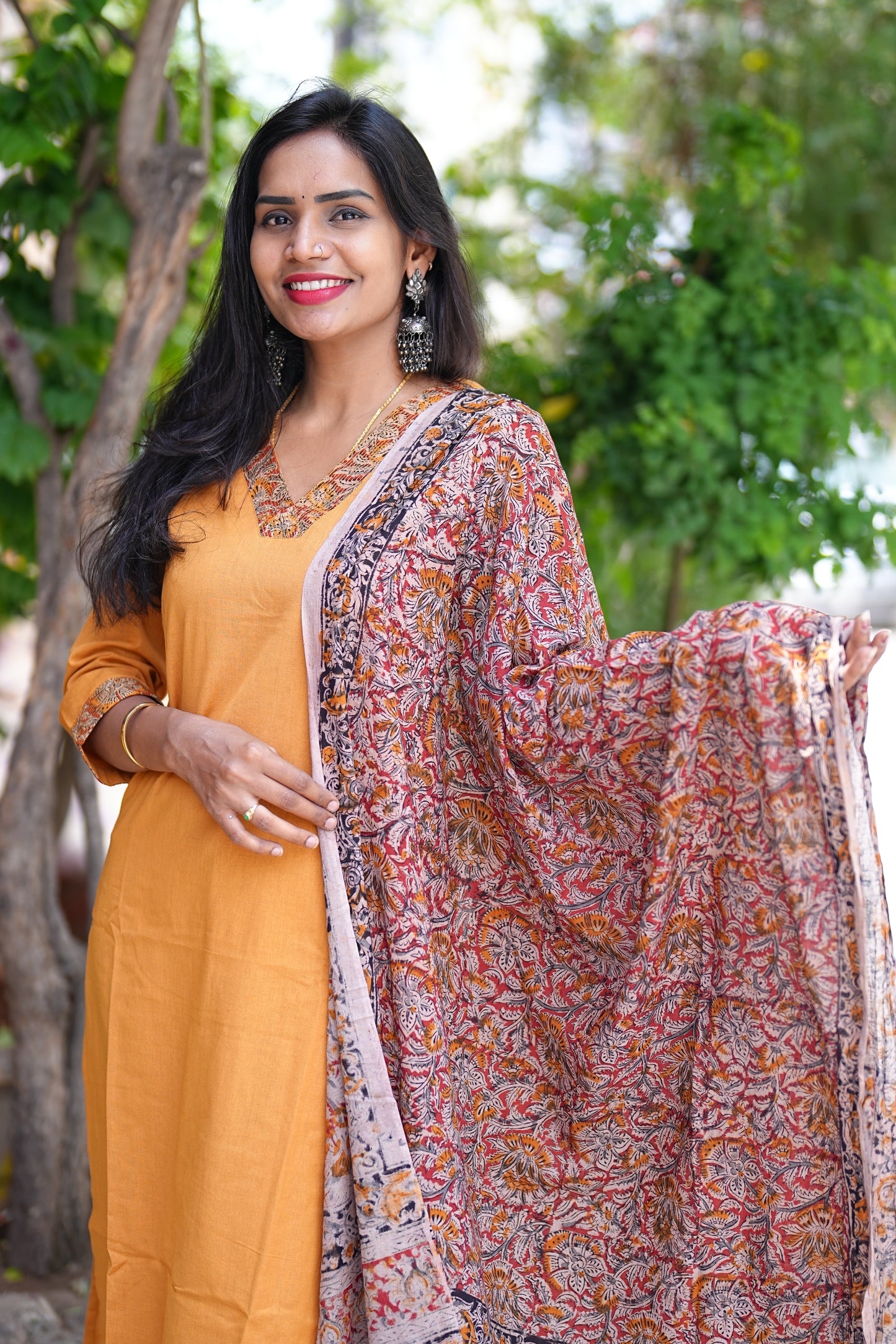 Yellow Color Pure Jaipur Cotton V Neck Straight Cut With Kalamkari Dupatta