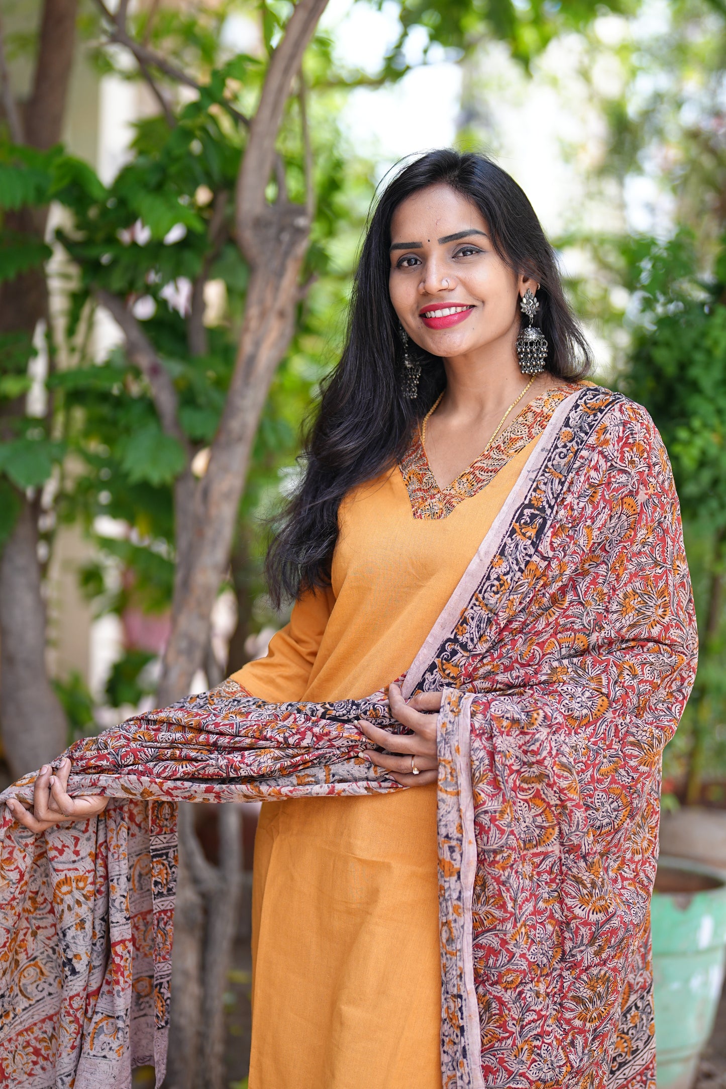 Yellow Color Pure Jaipur Cotton V Neck Straight Cut With Kalamkari Dupatta