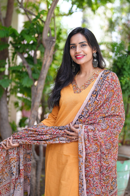 Yellow Color Pure Jaipur Cotton V Neck Straight Cut With Kalamkari Dupatta