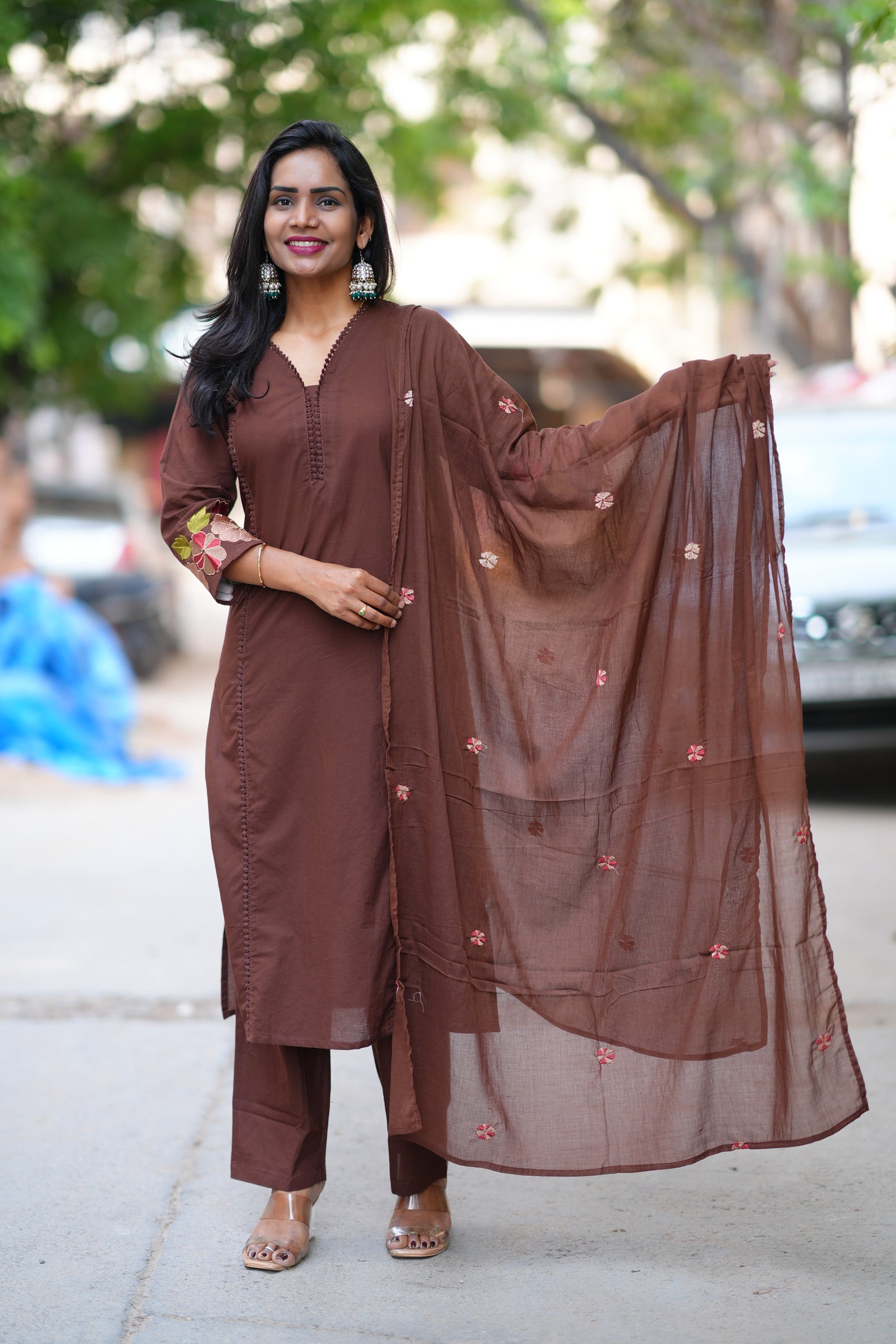 Brown Jaipur Cotton with Lace on Neck and Kurta and Heavy Embroidery on Sleeves