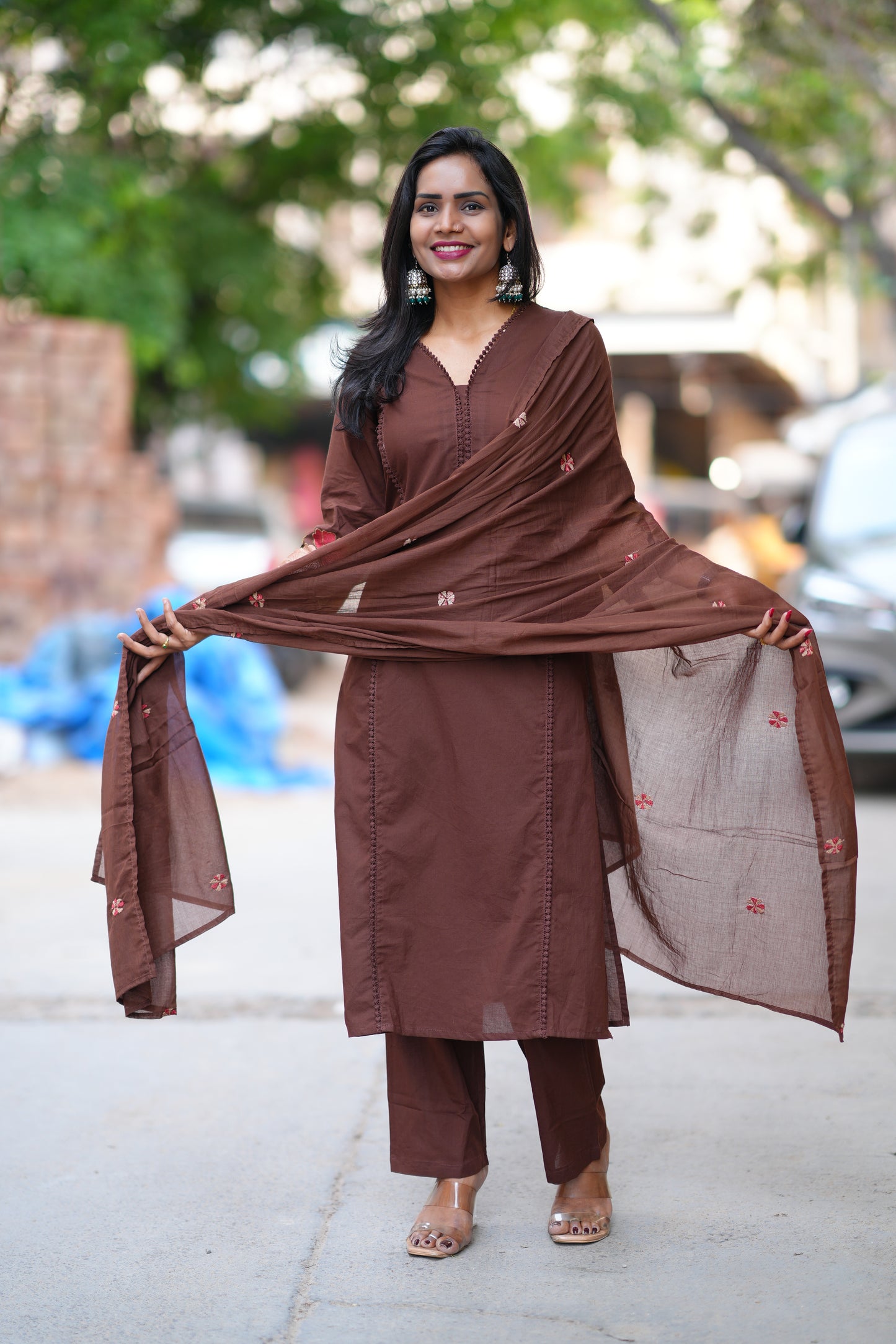Brown Jaipur Cotton with Lace on Neck and Kurta and Heavy Embroidery on Sleeves