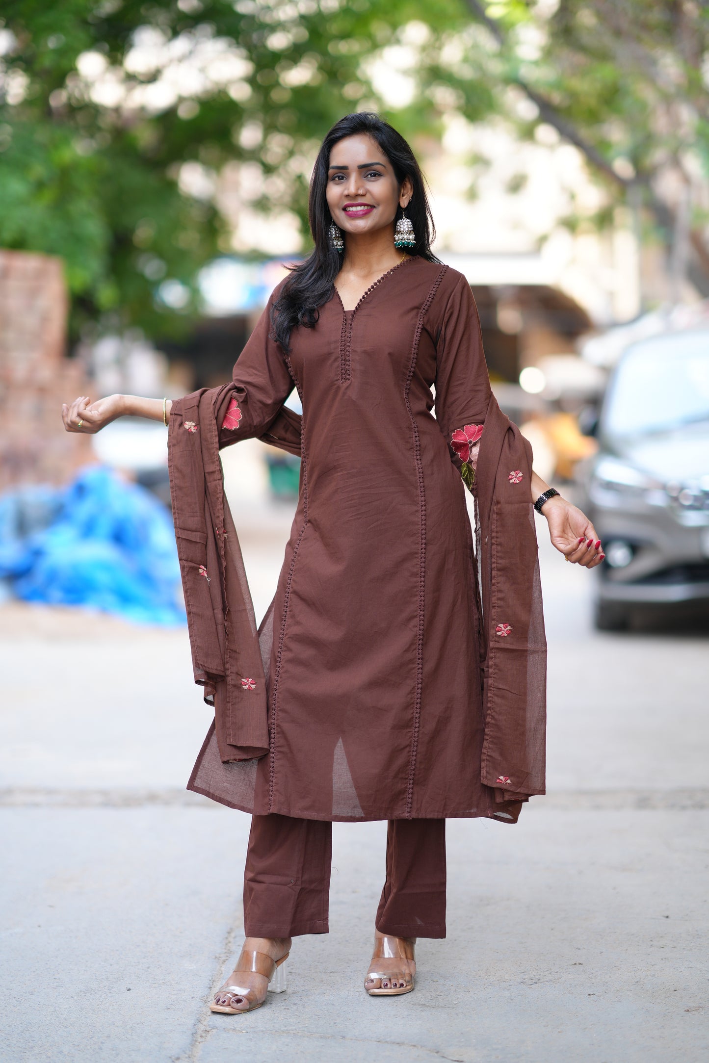 Brown Jaipur Cotton with Lace on Neck and Kurta and Heavy Embroidery on Sleeves