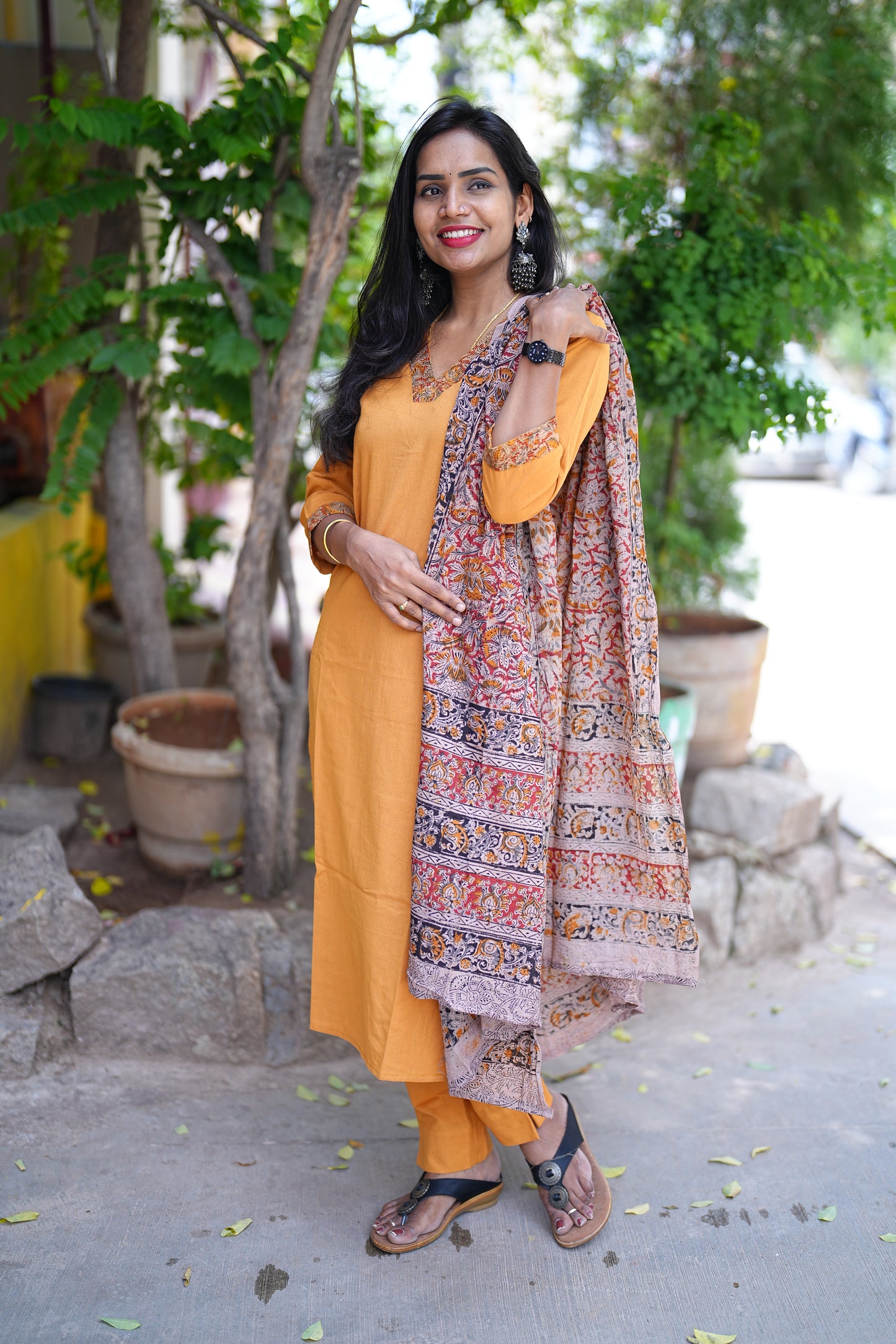 Yellow Color Pure Jaipur Cotton V Neck Straight Cut With Kalamkari Dupatta