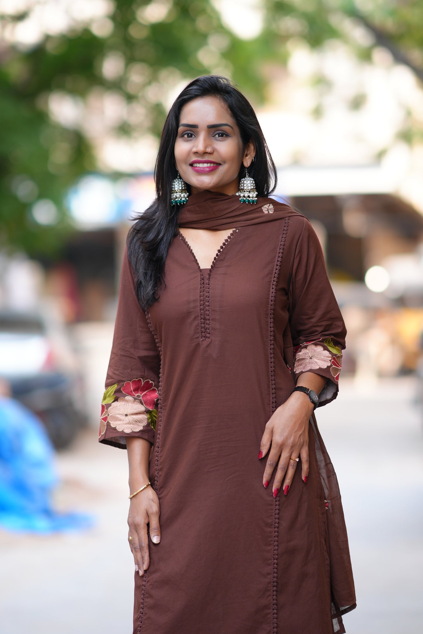 Brown Jaipur Cotton with Lace on Neck and Kurta and Heavy Embroidery on Sleeves