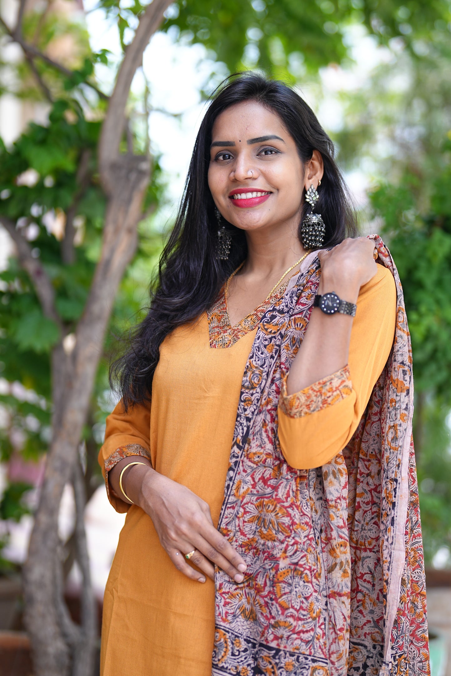 Yellow Color Pure Jaipur Cotton V Neck Straight Cut With Kalamkari Dupatta