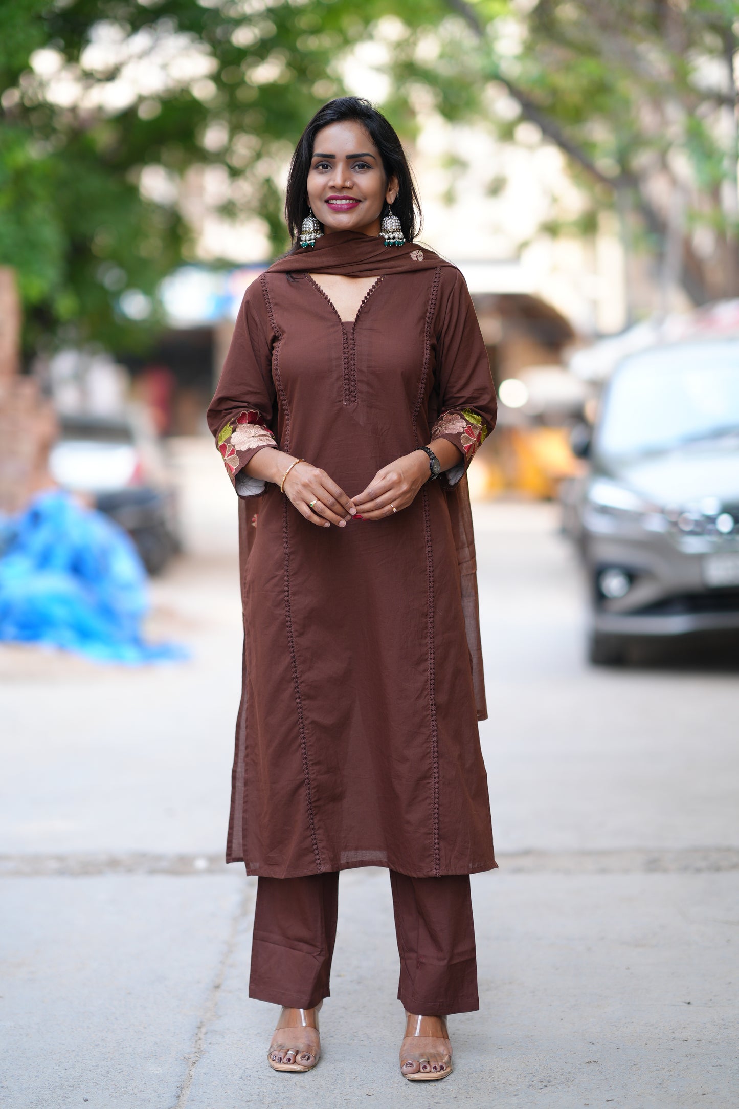 Brown Jaipur Cotton with Lace on Neck and Kurta and Heavy Embroidery on Sleeves