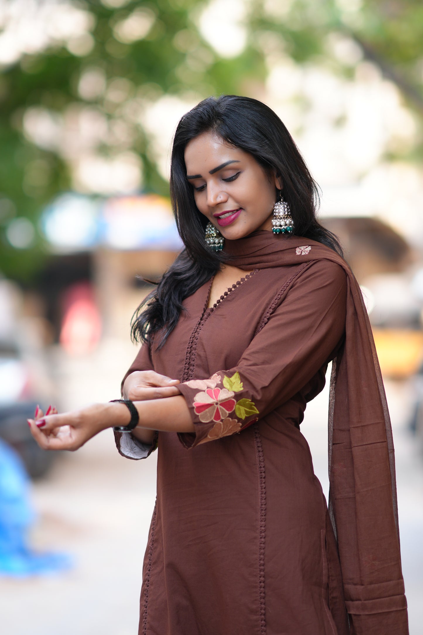Brown Jaipur Cotton with Lace on Neck and Kurta and Heavy Embroidery on Sleeves