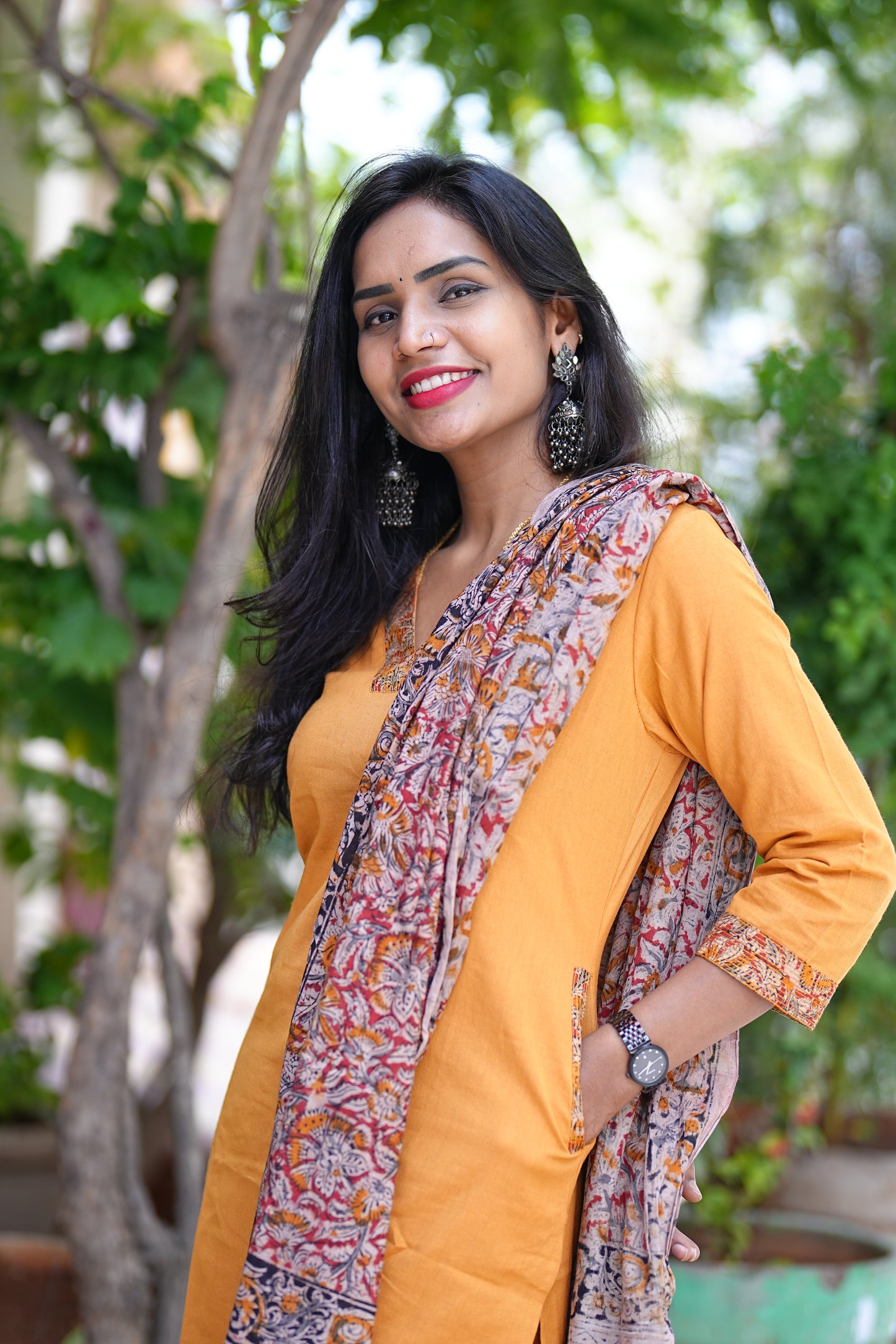 Yellow Color Pure Jaipur Cotton V Neck Straight Cut With Kalamkari Dupatta