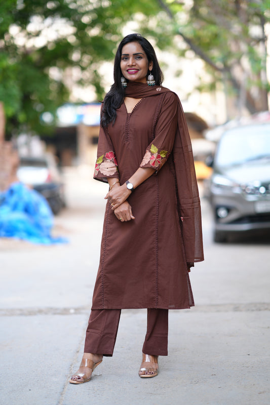 Brown Jaipur Cotton with Lace on Neck and Kurta and Heavy Embroidery on Sleeves