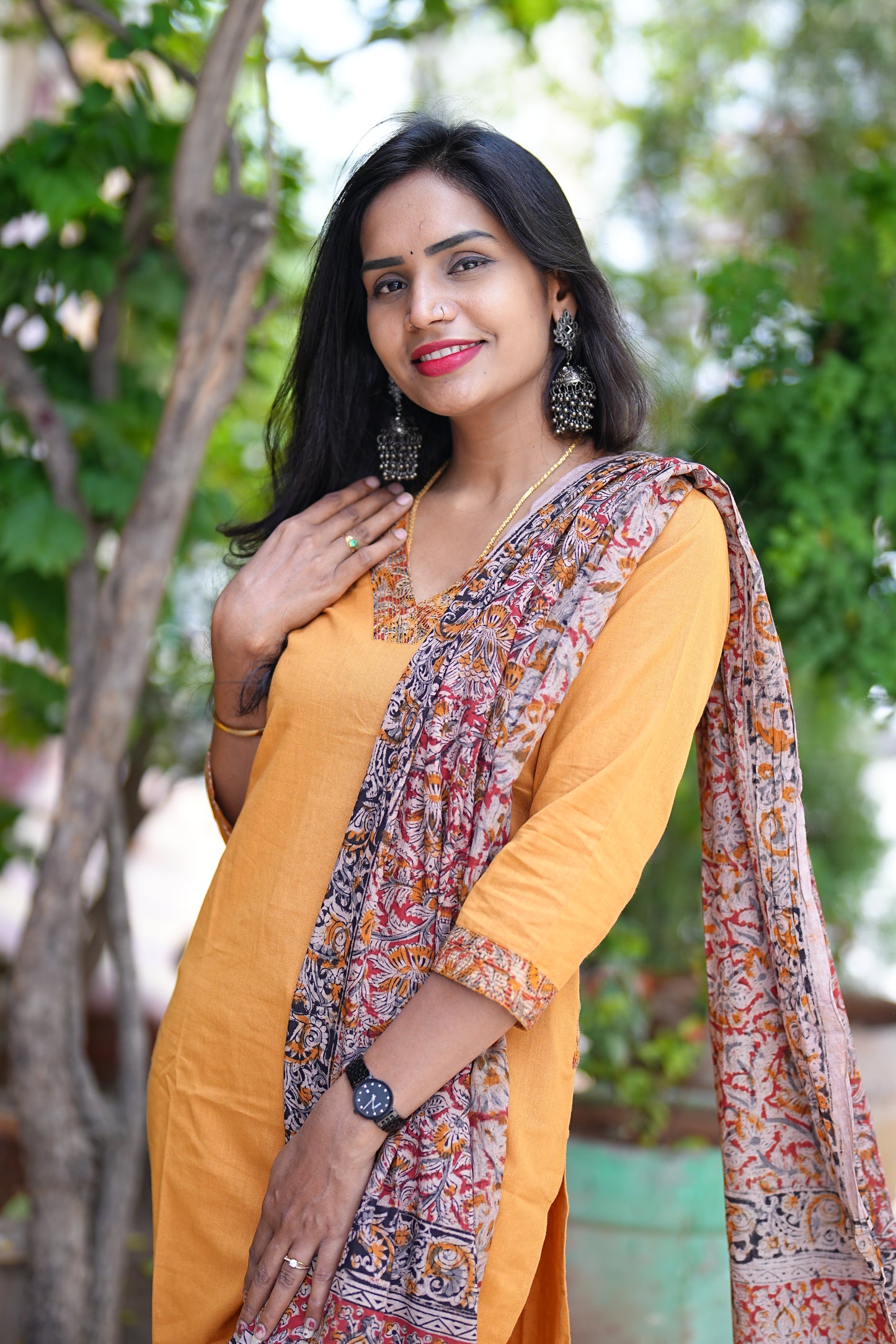 Yellow Color Pure Jaipur Cotton V Neck Straight Cut With Kalamkari Dupatta