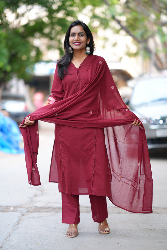 Red Jaipur Cotton with Lace on Neck and Kurta and Heavy Embroidery on Sleeves