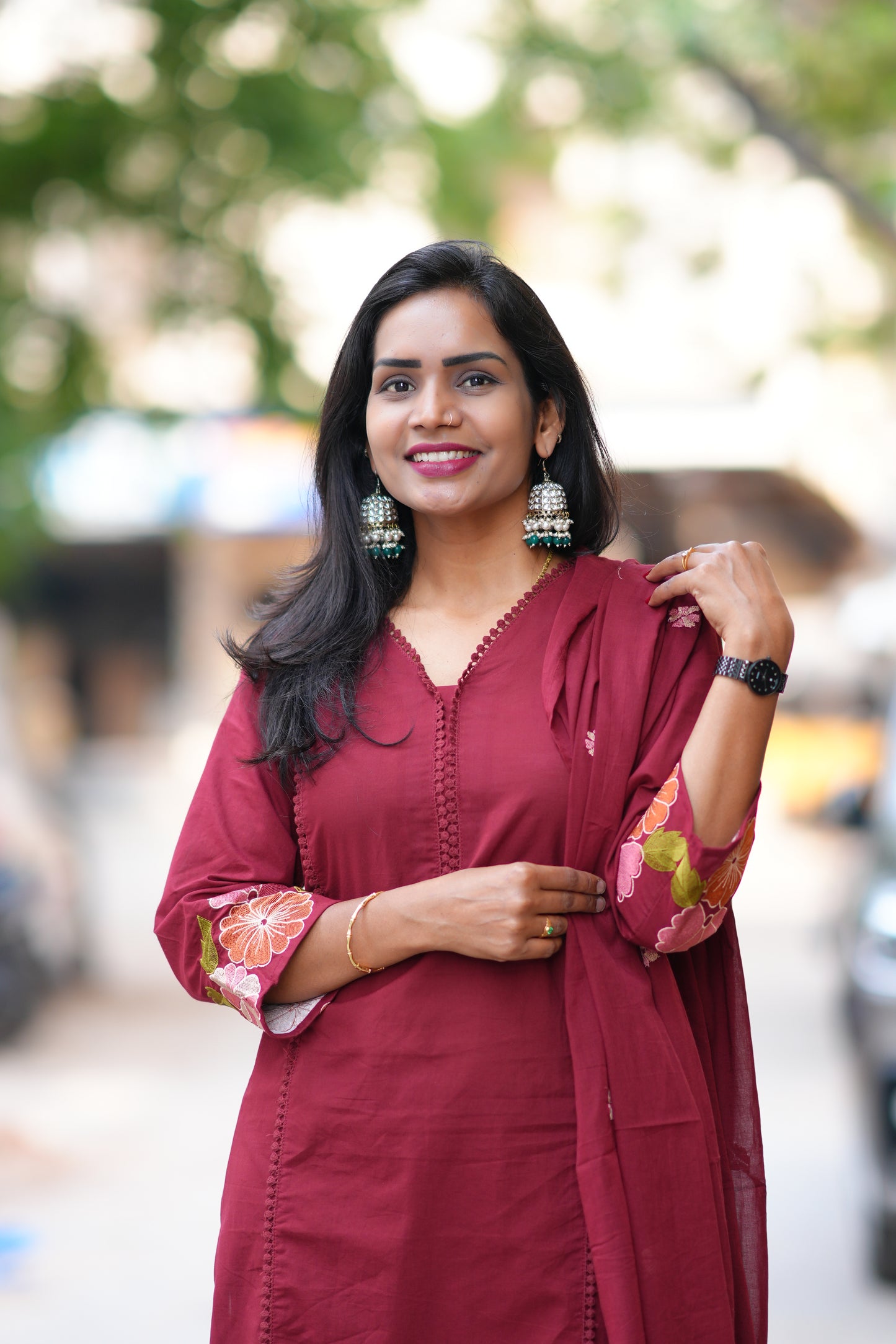 Red Jaipur Cotton with Lace on Neck and Kurta and Heavy Embroidery on Sleeves