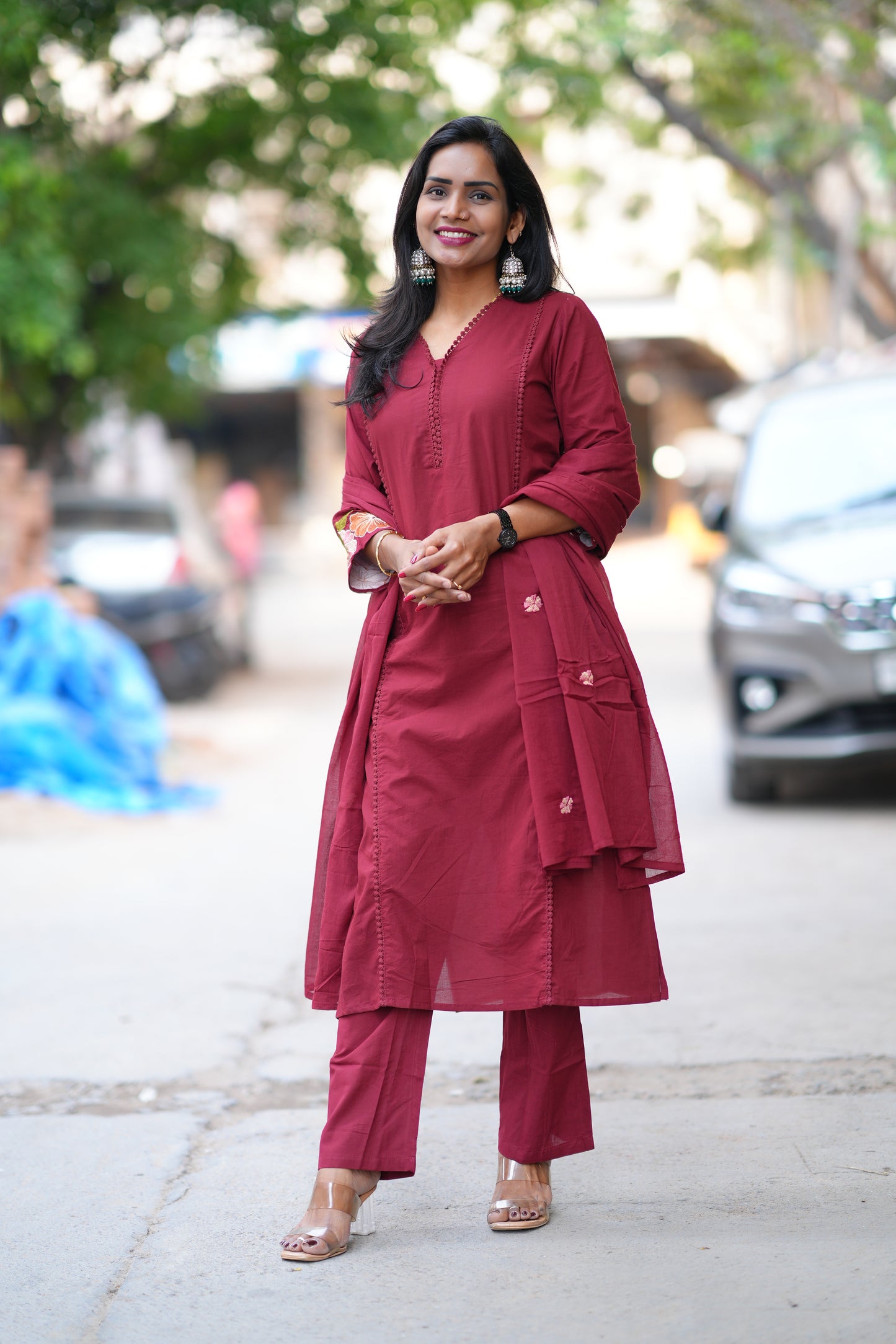 Red Jaipur Cotton with Lace on Neck and Kurta and Heavy Embroidery on Sleeves