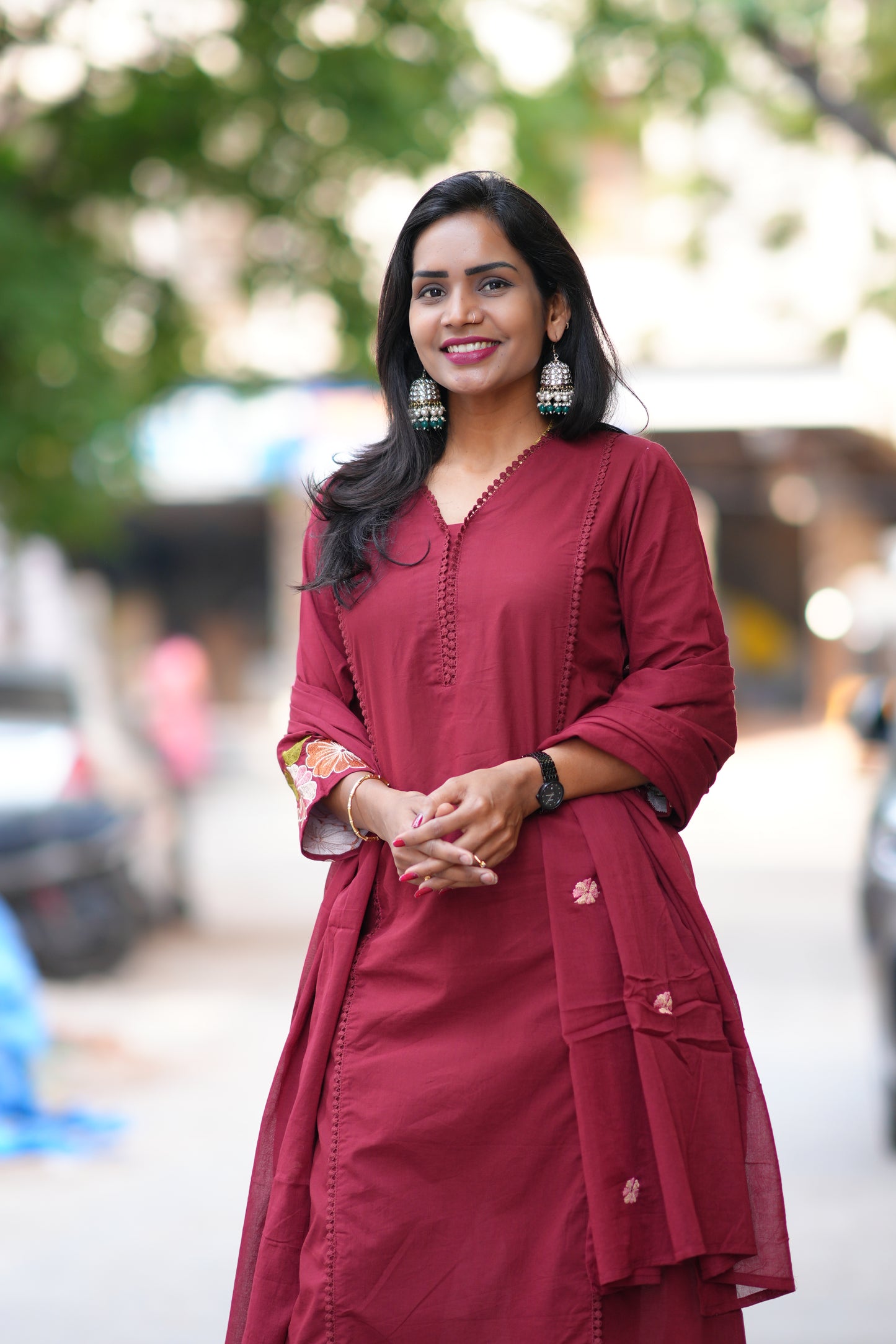 Red Jaipur Cotton with Lace on Neck and Kurta and Heavy Embroidery on Sleeves