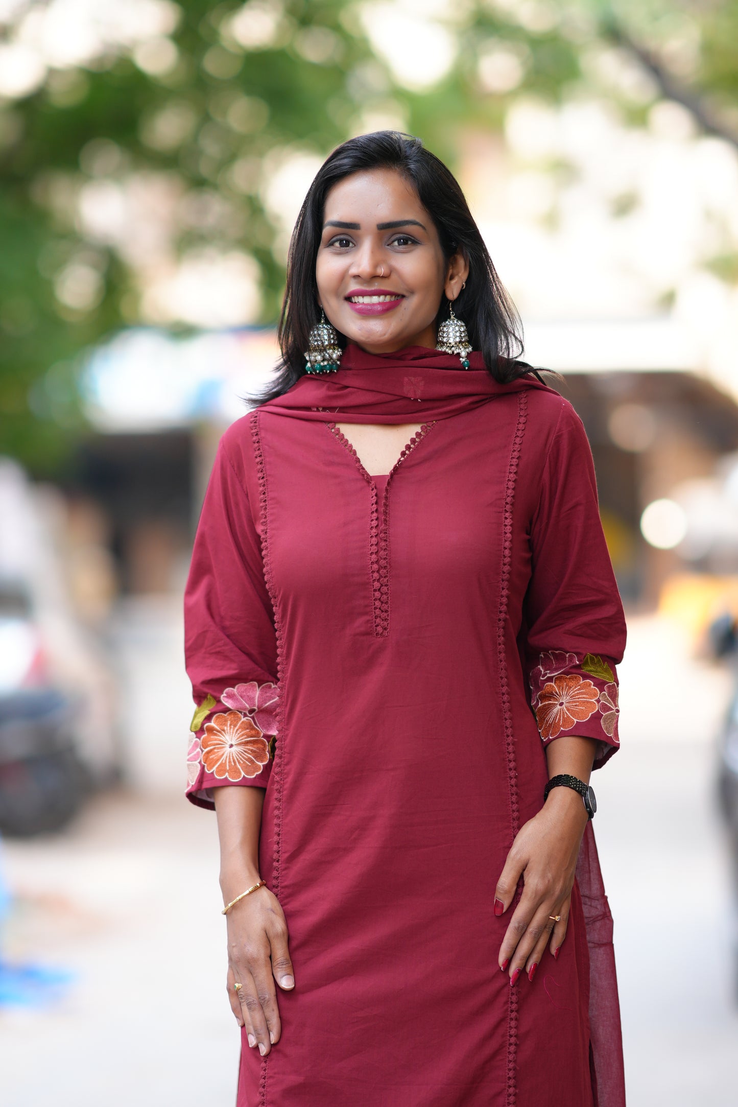 Red Jaipur Cotton with Lace on Neck and Kurta and Heavy Embroidery on Sleeves