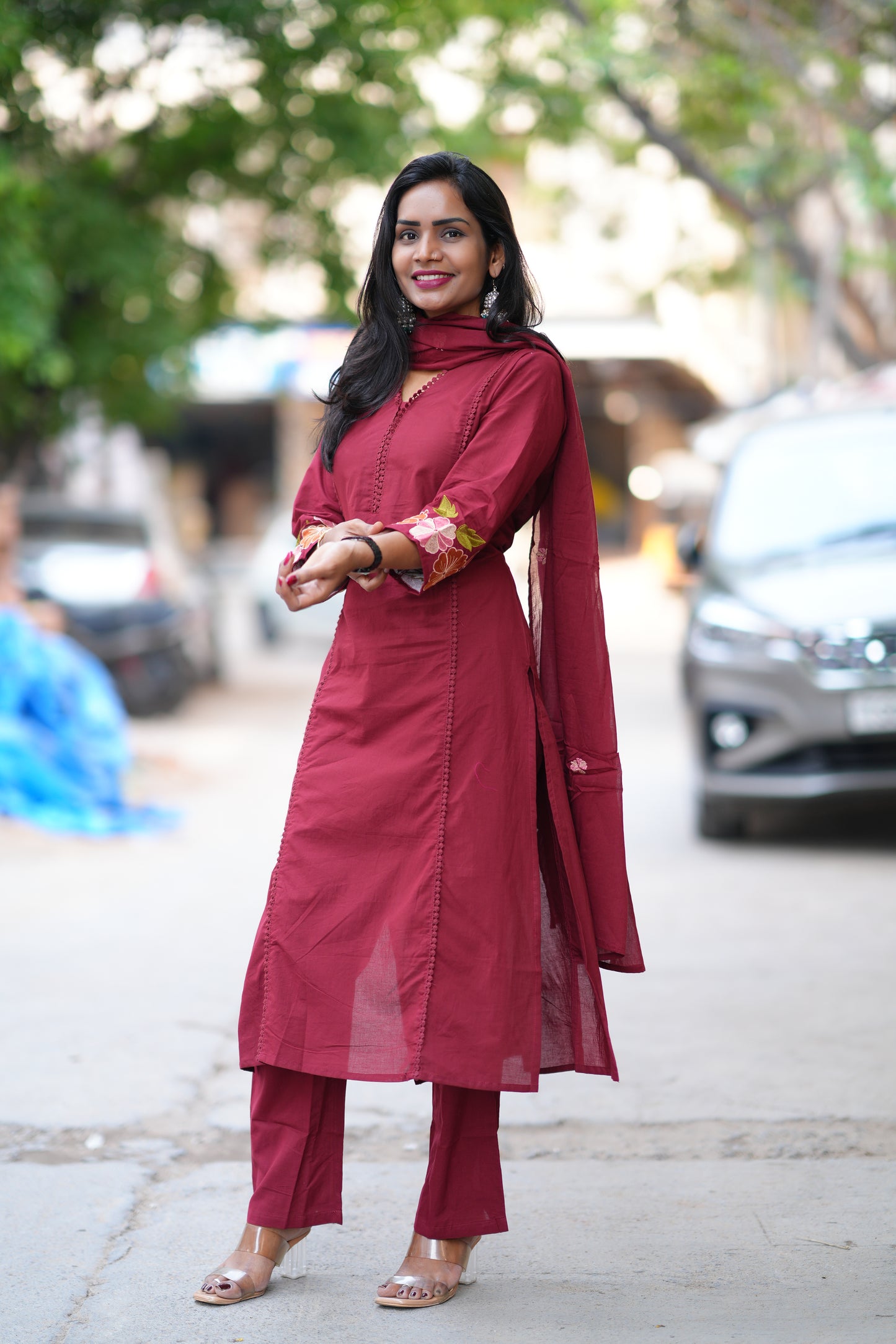 Red Jaipur Cotton with Lace on Neck and Kurta and Heavy Embroidery on Sleeves