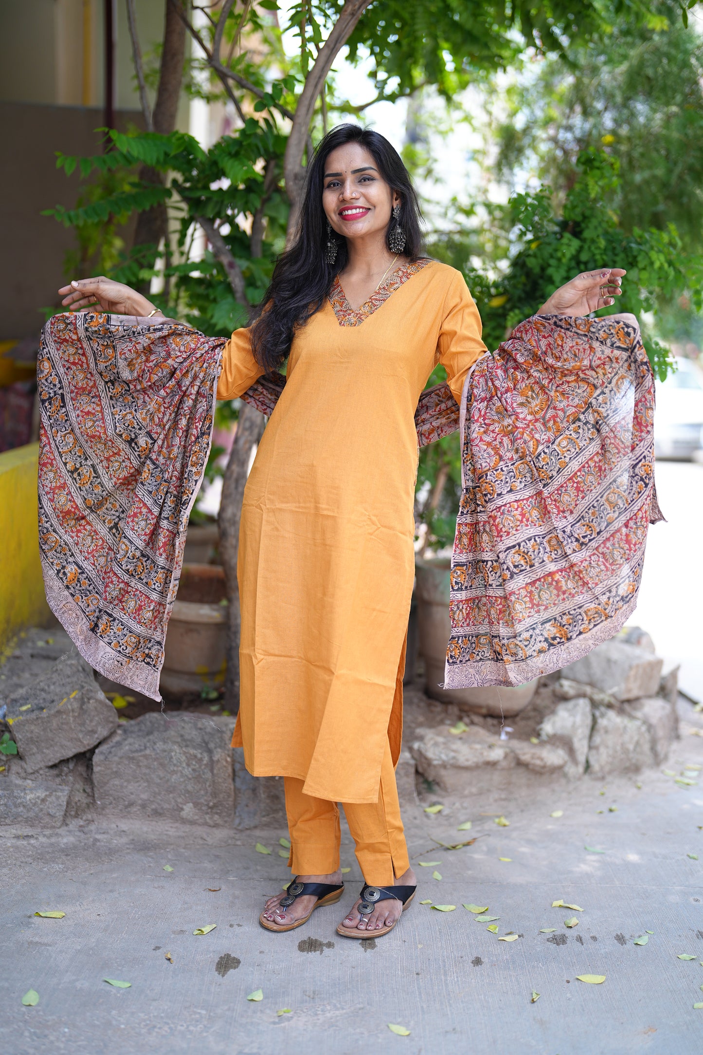 Yellow Color Pure Jaipur Cotton V Neck Straight Cut With Kalamkari Dupatta
