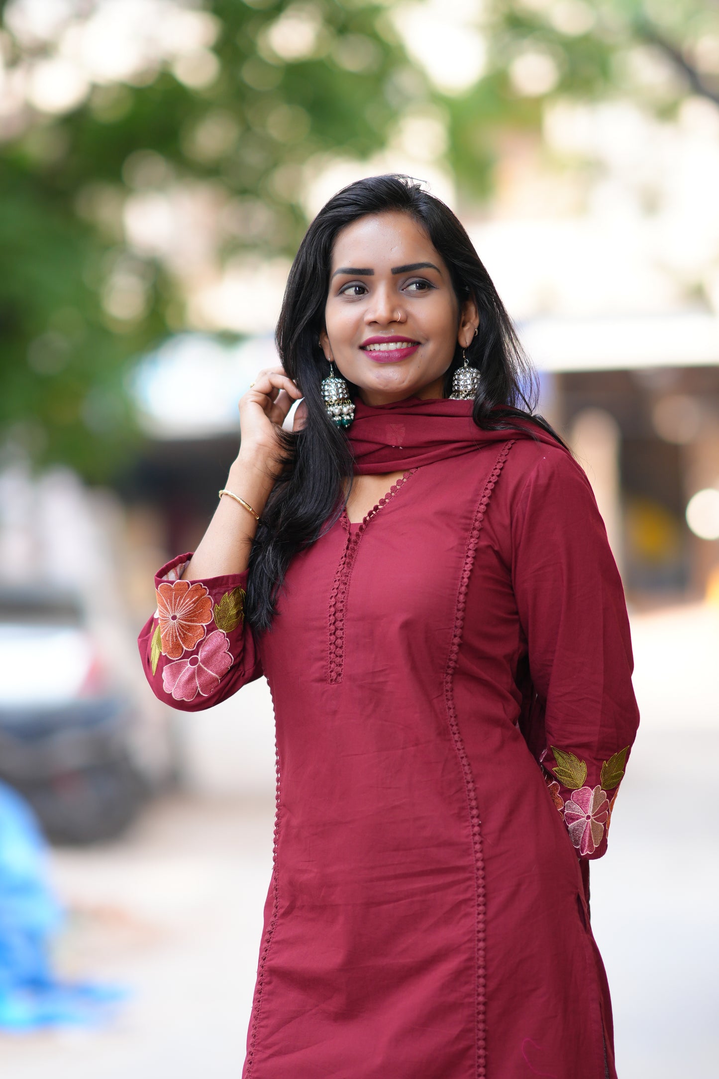 Red Jaipur Cotton with Lace on Neck and Kurta and Heavy Embroidery on Sleeves
