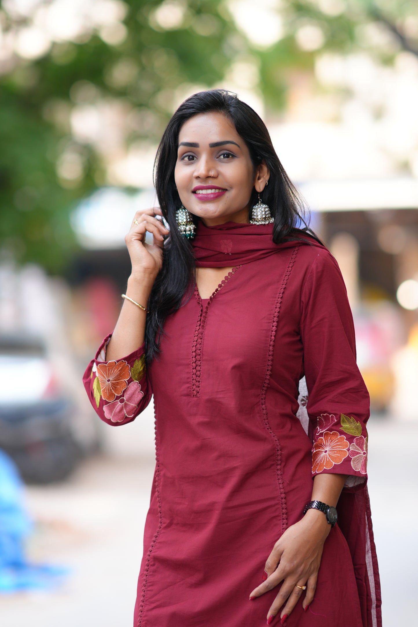 Red Jaipur Cotton with Lace on Neck and Kurta and Heavy Embroidery on Sleeves