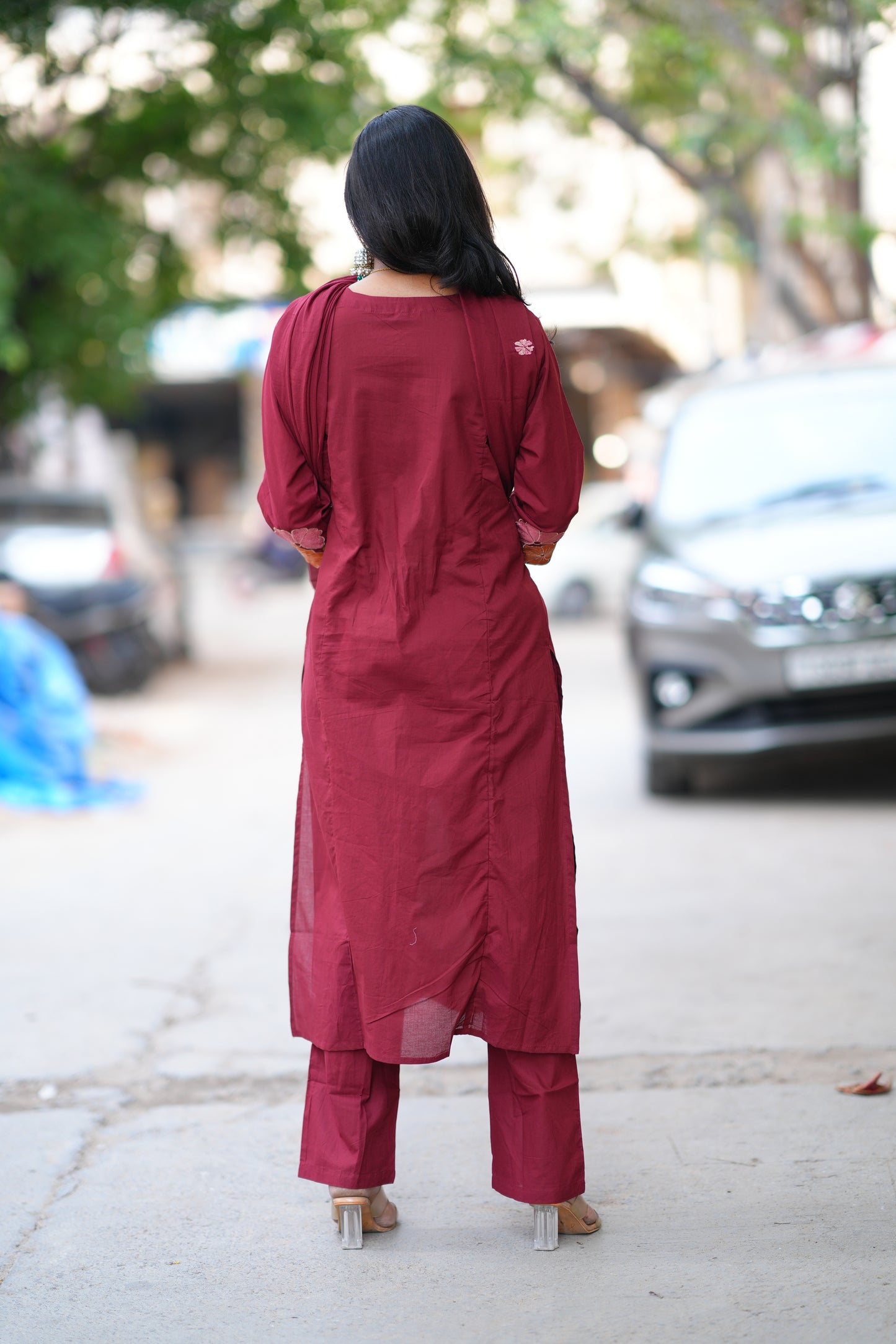 Red Jaipur Cotton with Lace on Neck and Kurta and Heavy Embroidery on Sleeves