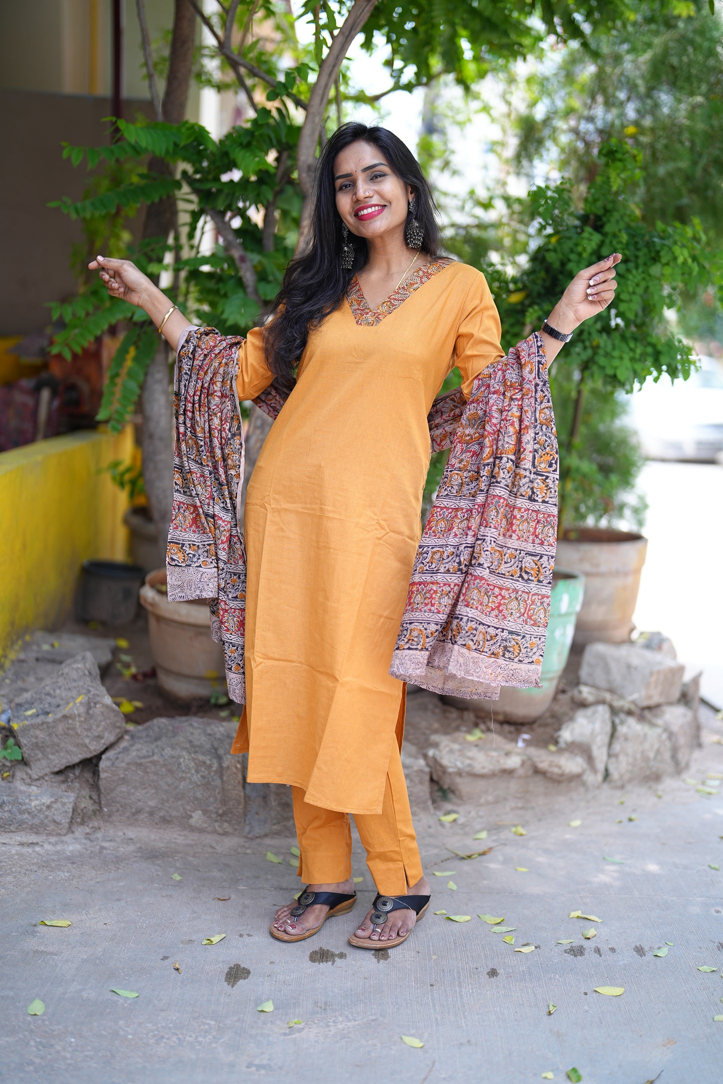 Yellow Color Pure Jaipur Cotton V Neck Straight Cut With Kalamkari Dupatta