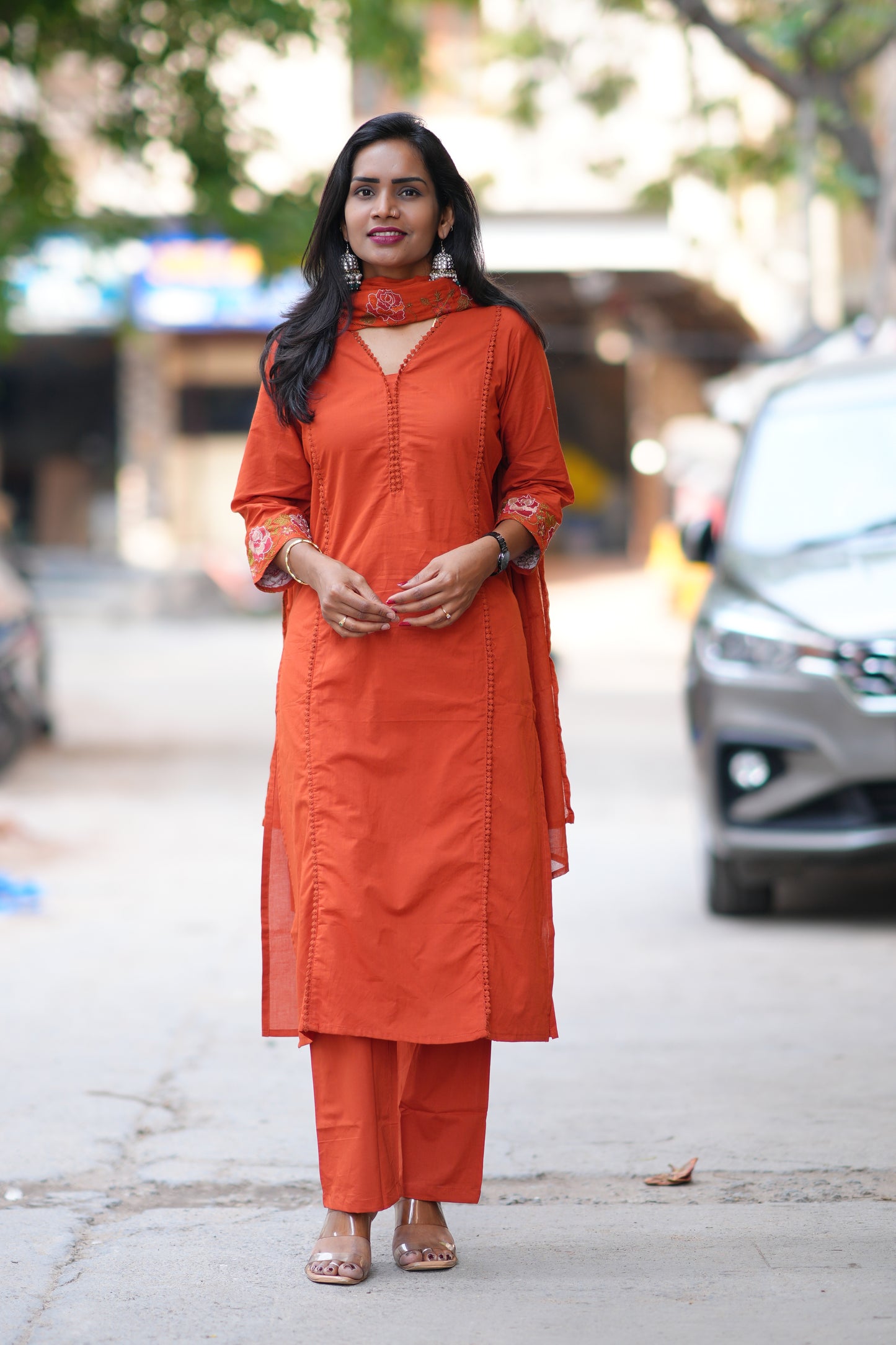 Orange Jaipur Cotton with Lace on Neck and Kurta and Embroidery on Duppata and Sleeves