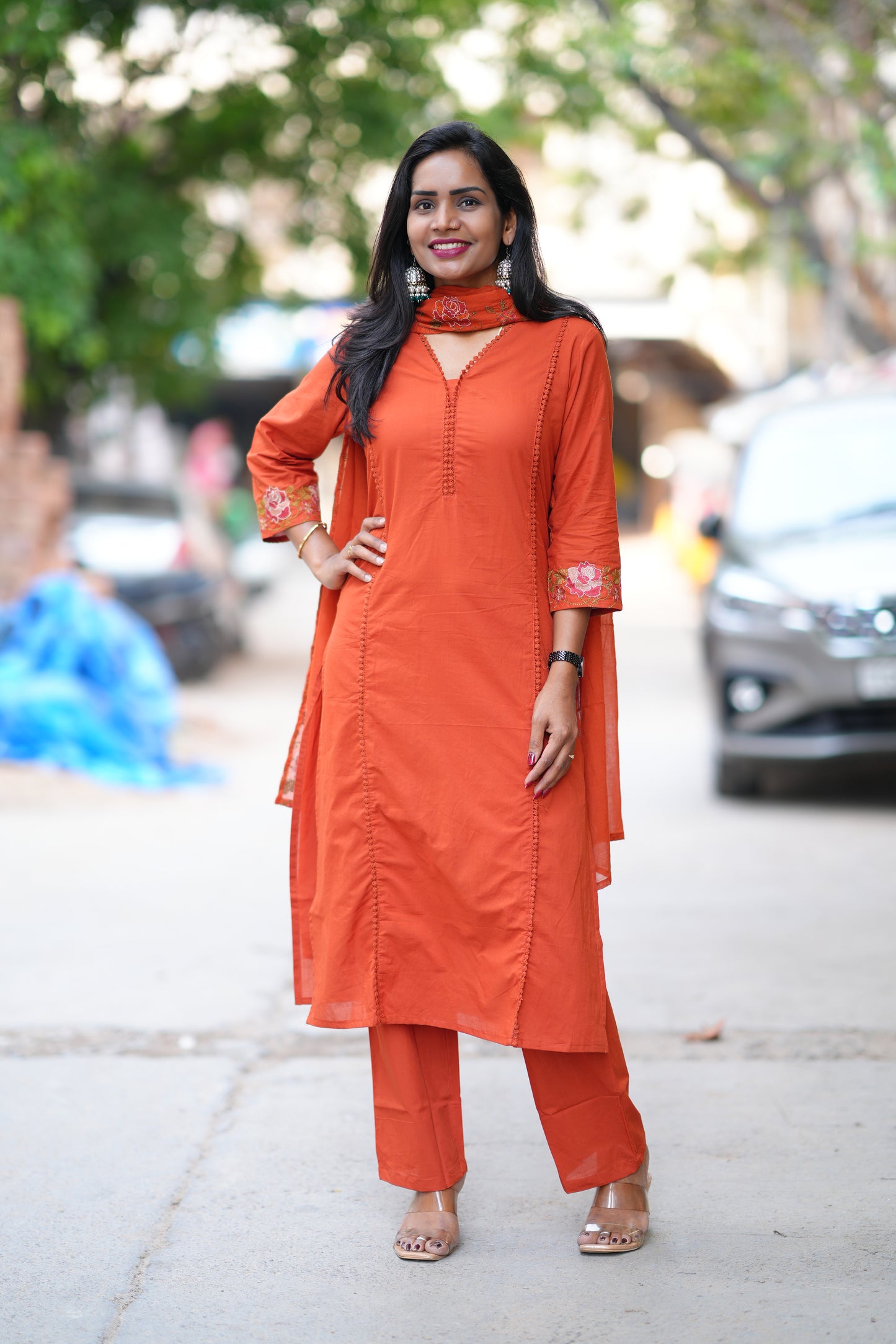 Orange Jaipur Cotton with Lace on Neck and Kurta and Embroidery on Duppata and Sleeves