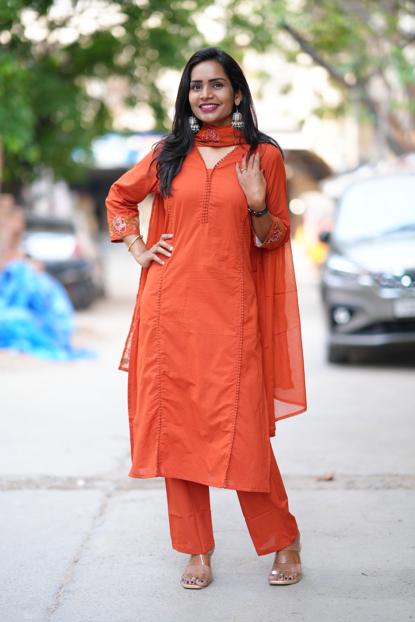 Orange Jaipur Cotton with Lace on Neck and Kurta and Embroidery on Duppata and Sleeves