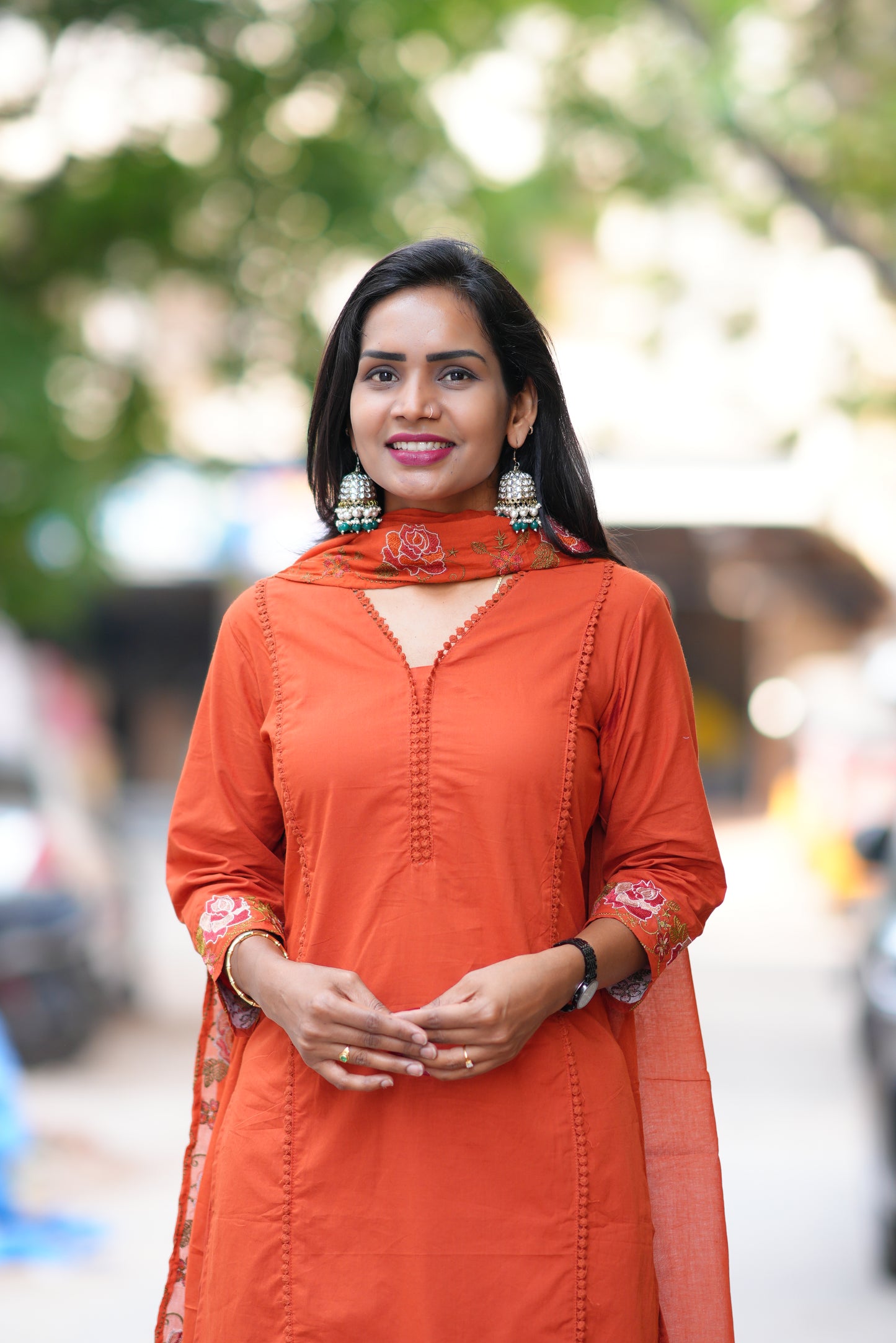 Orange Jaipur Cotton with Lace on Neck and Kurta and Embroidery on Duppata and Sleeves