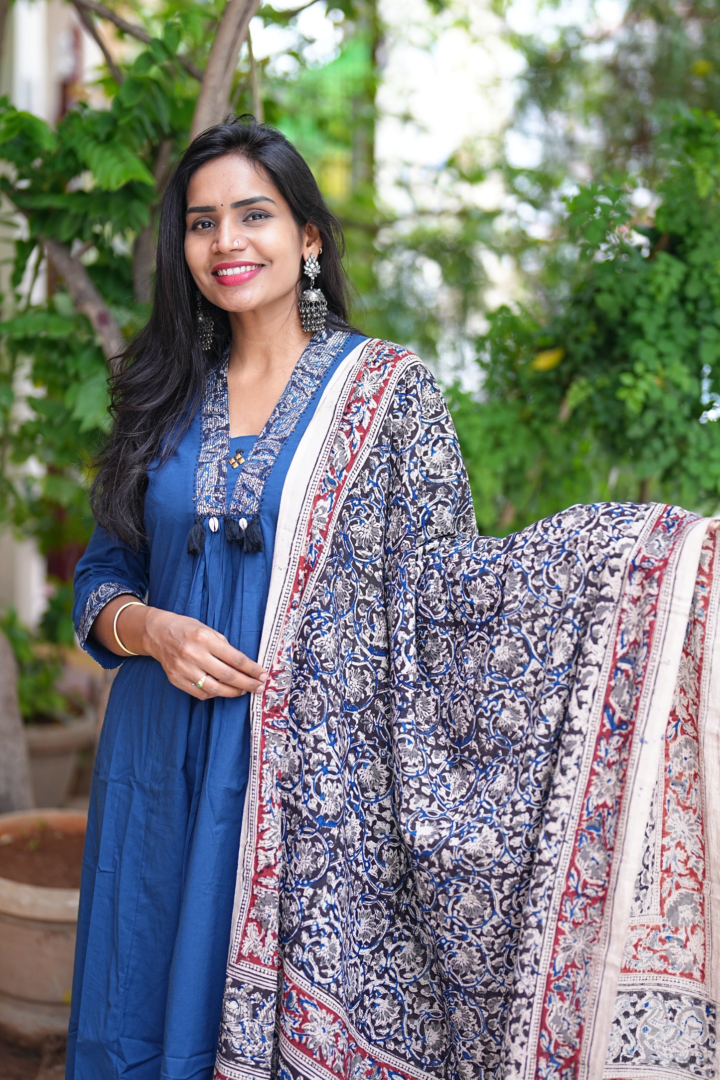 Blue Color Jaipur Cotton Anarkali Pattern V Neck With Kalamkari Dupatta